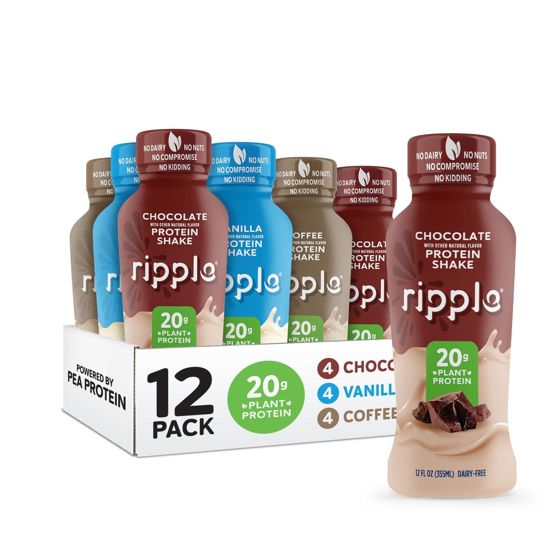 Ripple Plant Based Protein Shake Variety Pack | 20g of Quality Sourced Pea Protein, Calcium Rich | Shelf Stable | Vegan & Non GM