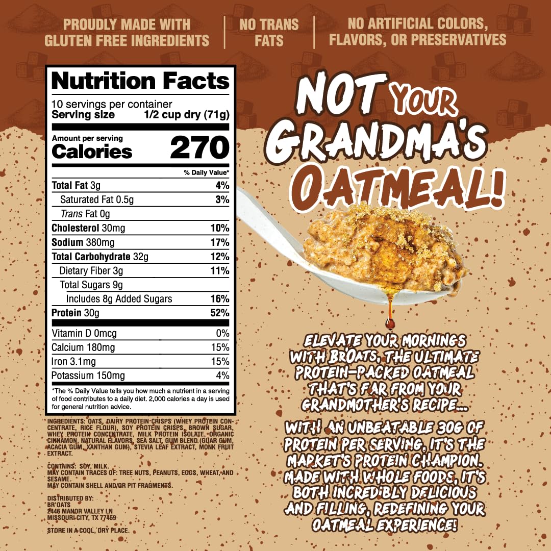 BrOats High Protein Oatmeal With 30g Of Protein Per Serving - Protein Packed Gluten Free Delicious Tasting High Protein Oats (Pack of 1  Maple Brown Sugar)