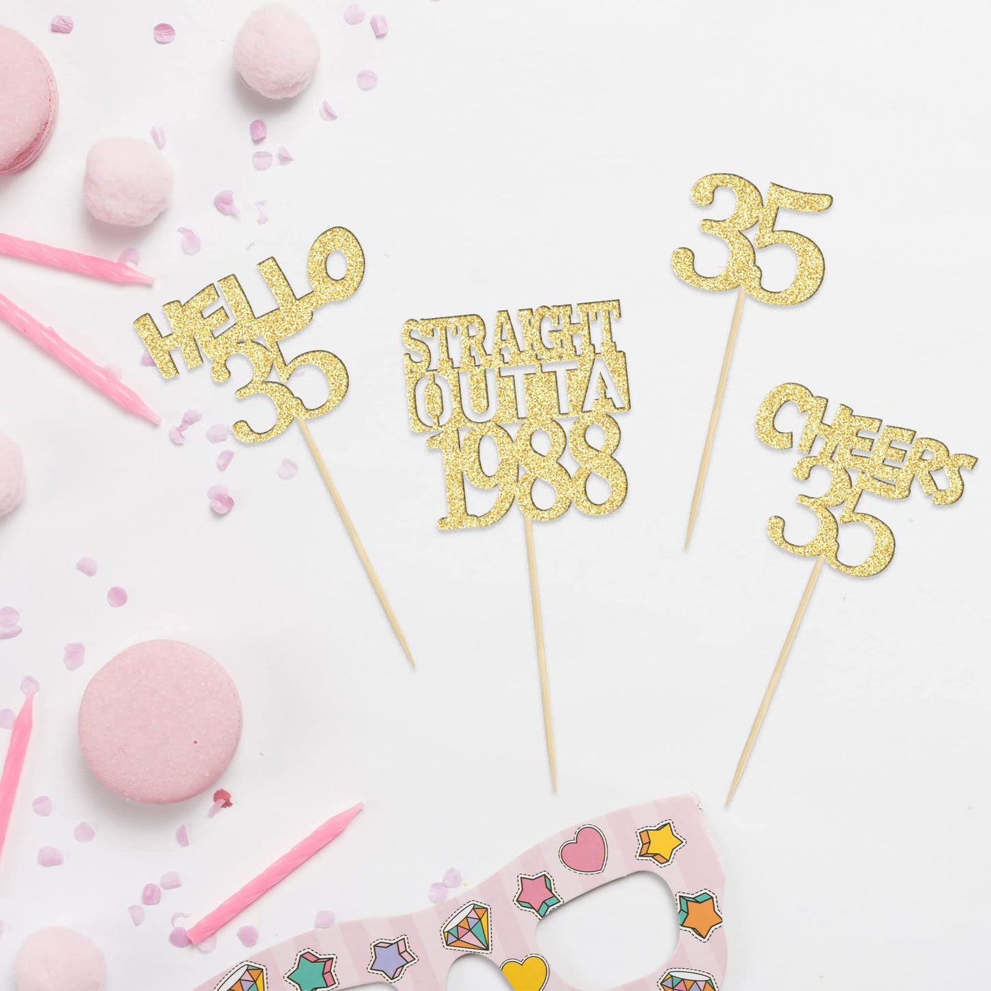 Gyufise 24Pcs Happy 35th Cupcake Toppers Glitter Thirty-five Straight Outta 1988 Cupcake Picks Cheers to 35 Years Birthday Cake