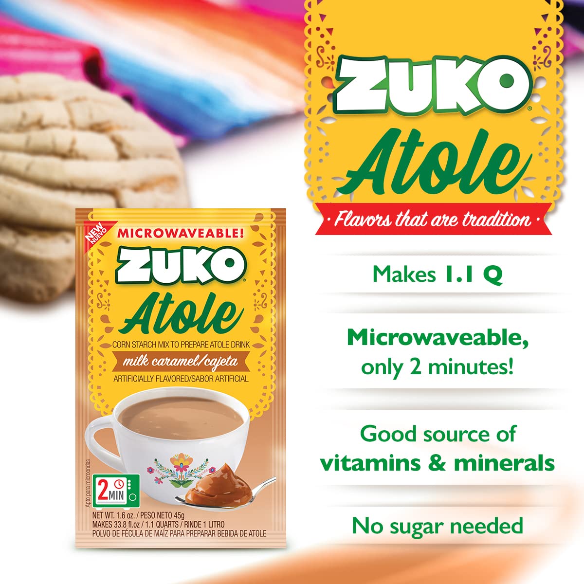 Zuko Atole Milk Caramel Instant Corn Starch Mix | Fortified With Vitamins | Just Add Hot Water | Microwaveable In Only 2 Minutes