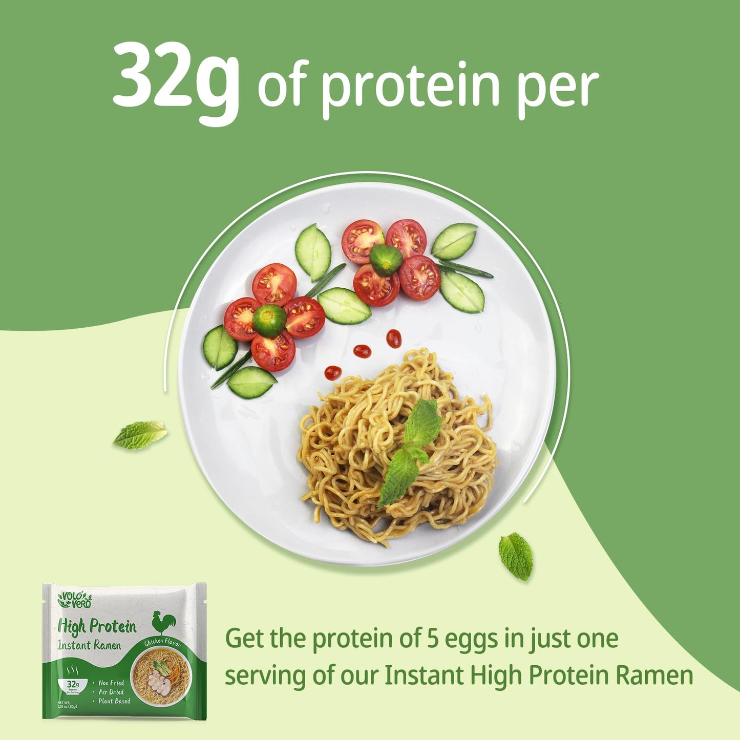Volo Vero High Protein (32G) Instant Ramen Chicken Flavor Noodles Soup, Plant-Based, Air-Dried, Non-Fried, Low Carb, Egg-Free, R