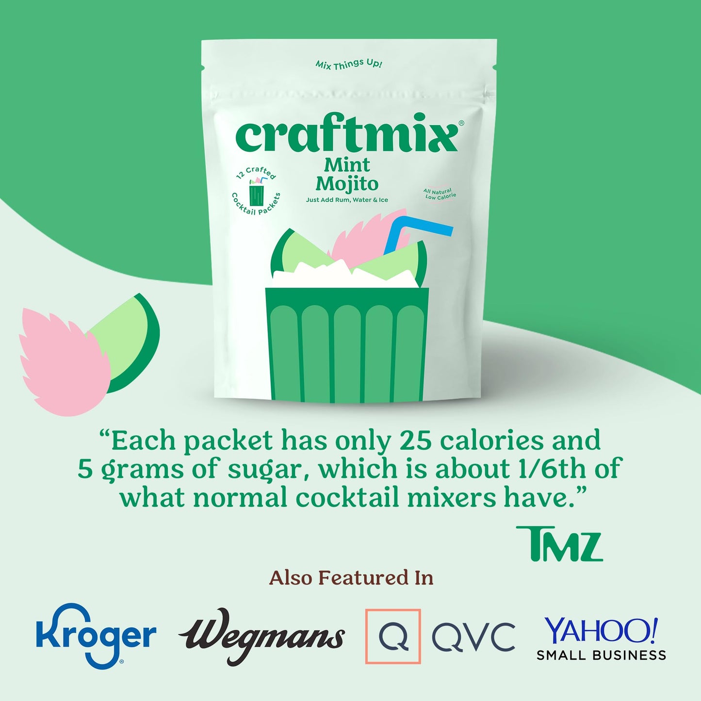 Craftmix Mint Mojito Cocktail & Mocktail Drink Mixer, Skinny Mixes - Water Flavoring Packets - Made With Real Fruit - Vegan Low-Carb, Low-Sugar, Non-Gmo, Dairy Free, Gluten Free, 24 Pack