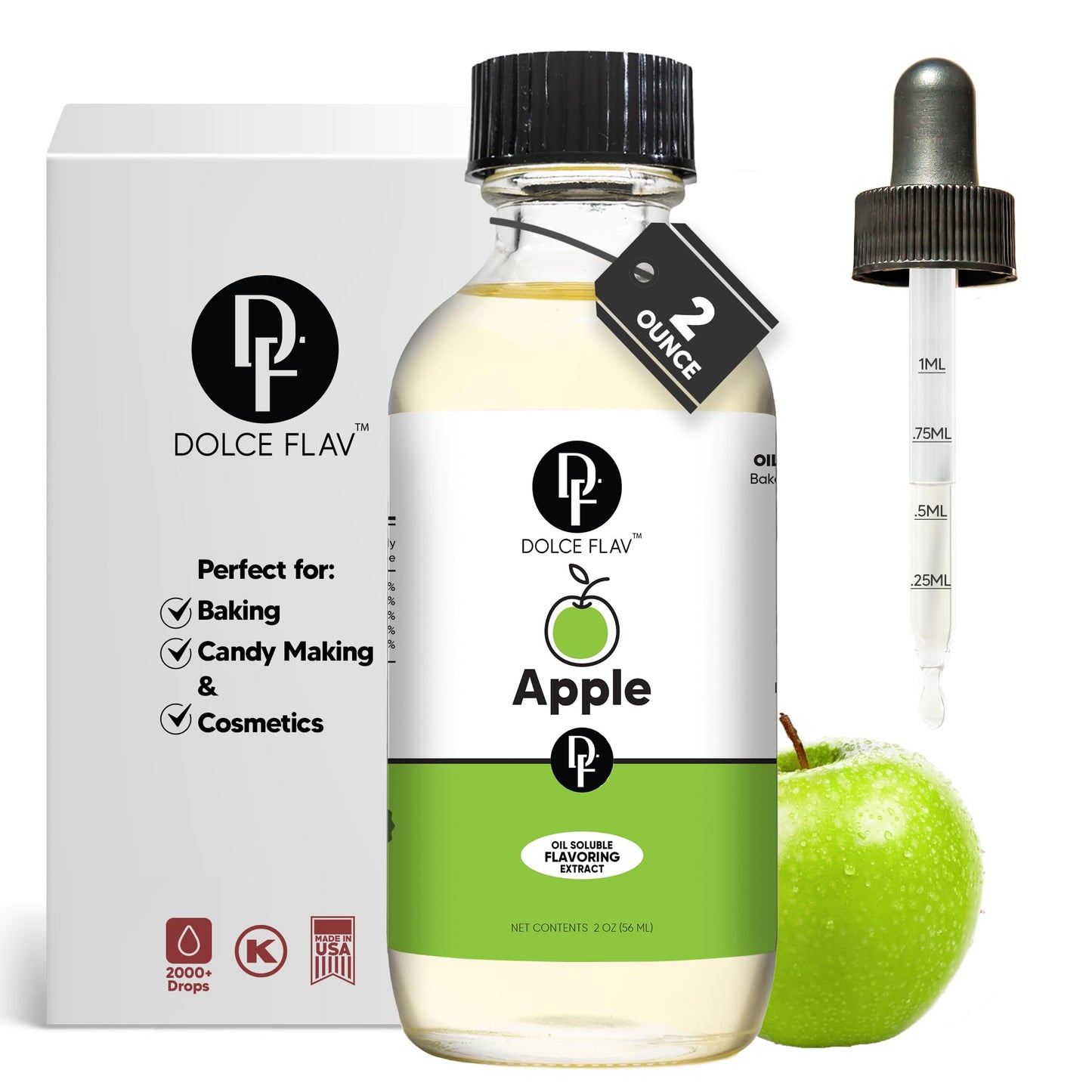 Dolce Flav Apple Extract - Oil-Soluble, Sugar-Free Flavoring for Baking & Desserts - 2 Oz.