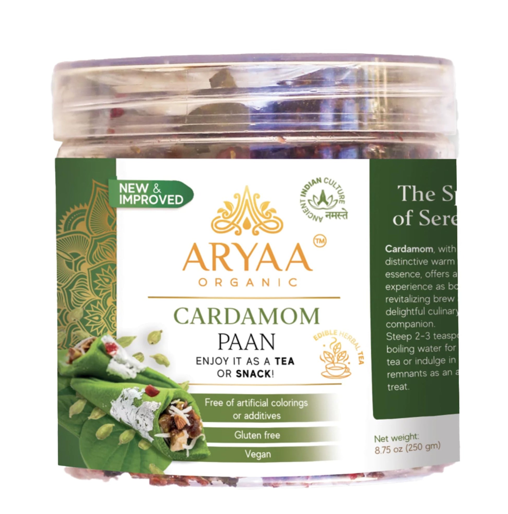 Aryaa Organic Cardamom Paan, 8.75oz (250g), Vegan, Gluten-Free, Non-GMO, Ayurvedic Digestive & Mouth Freshener