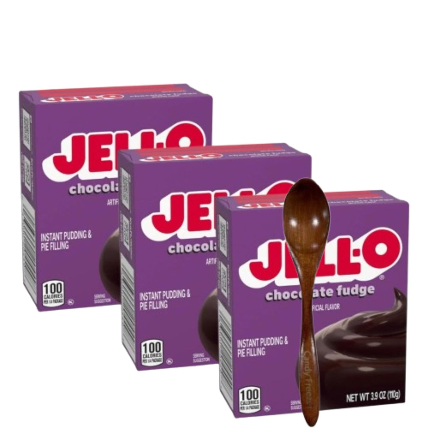 Jell-O Instant Pudding & Pie Filling Mix 3.9 oz Box (Pack of 3) with Candy Freezer Wooden Spoon (Chocolate Fudge) - Wooden Spoon