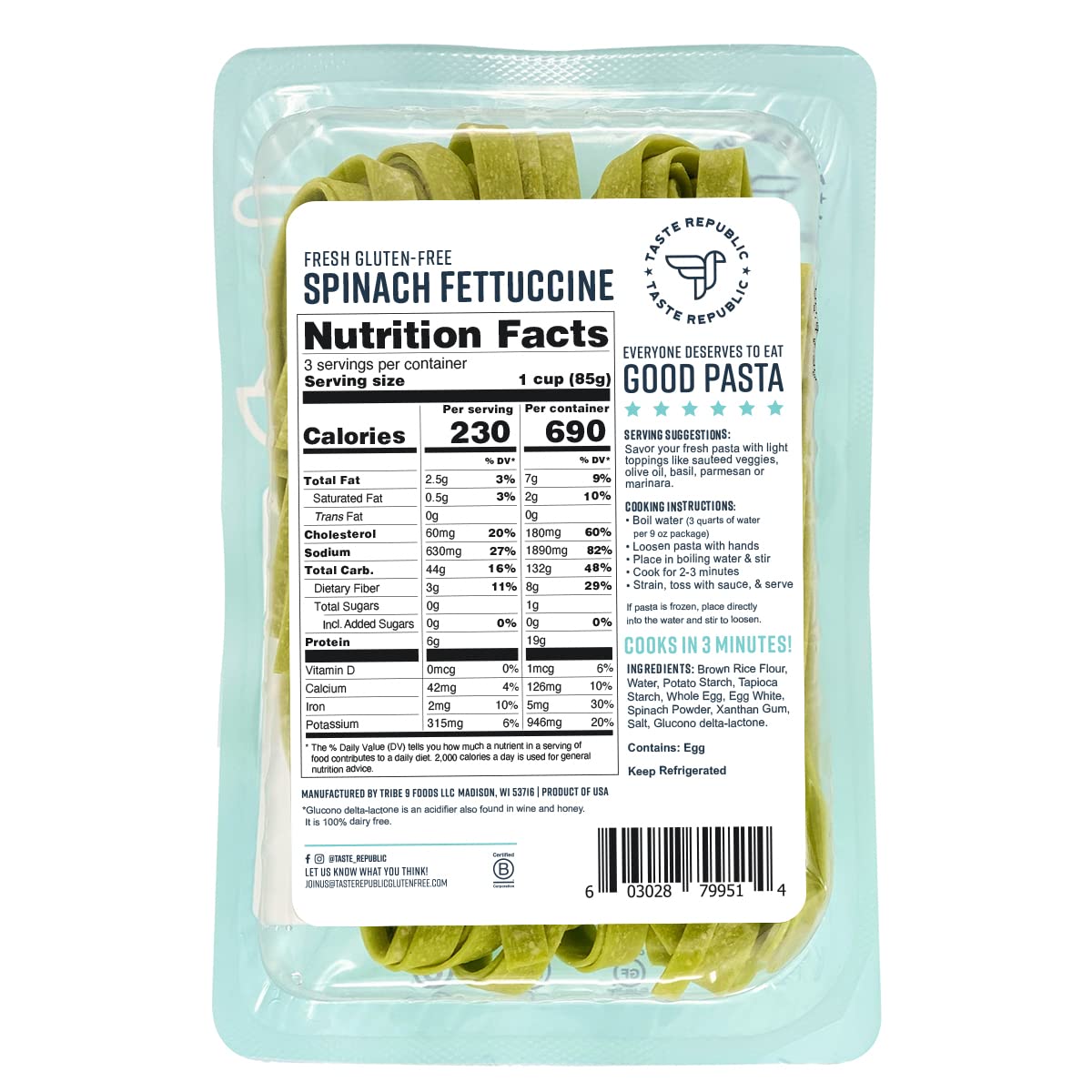Gluten-Free Pasta, Spinach Fettuccine, Fresh Brown Rice Noodles Cook In Just 3 Minutes By Taste Republic, Frozen, 9Oz (6 Pack)