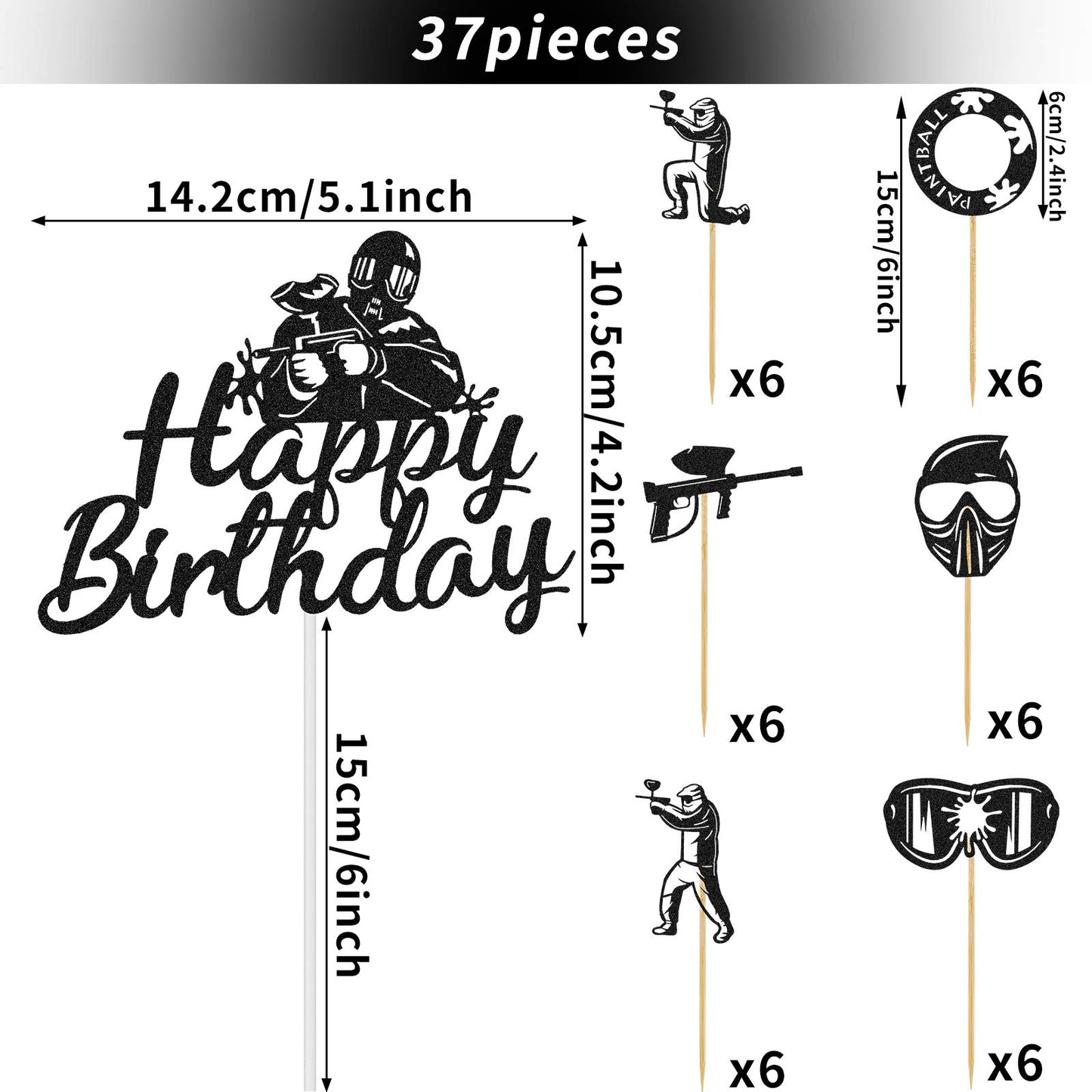 37 Pieces Paintball Cupcake Toppers Happy Birthday Silhouette Cake Topper Paintball Theme Glitter Cupcake Topper Paintball Handm