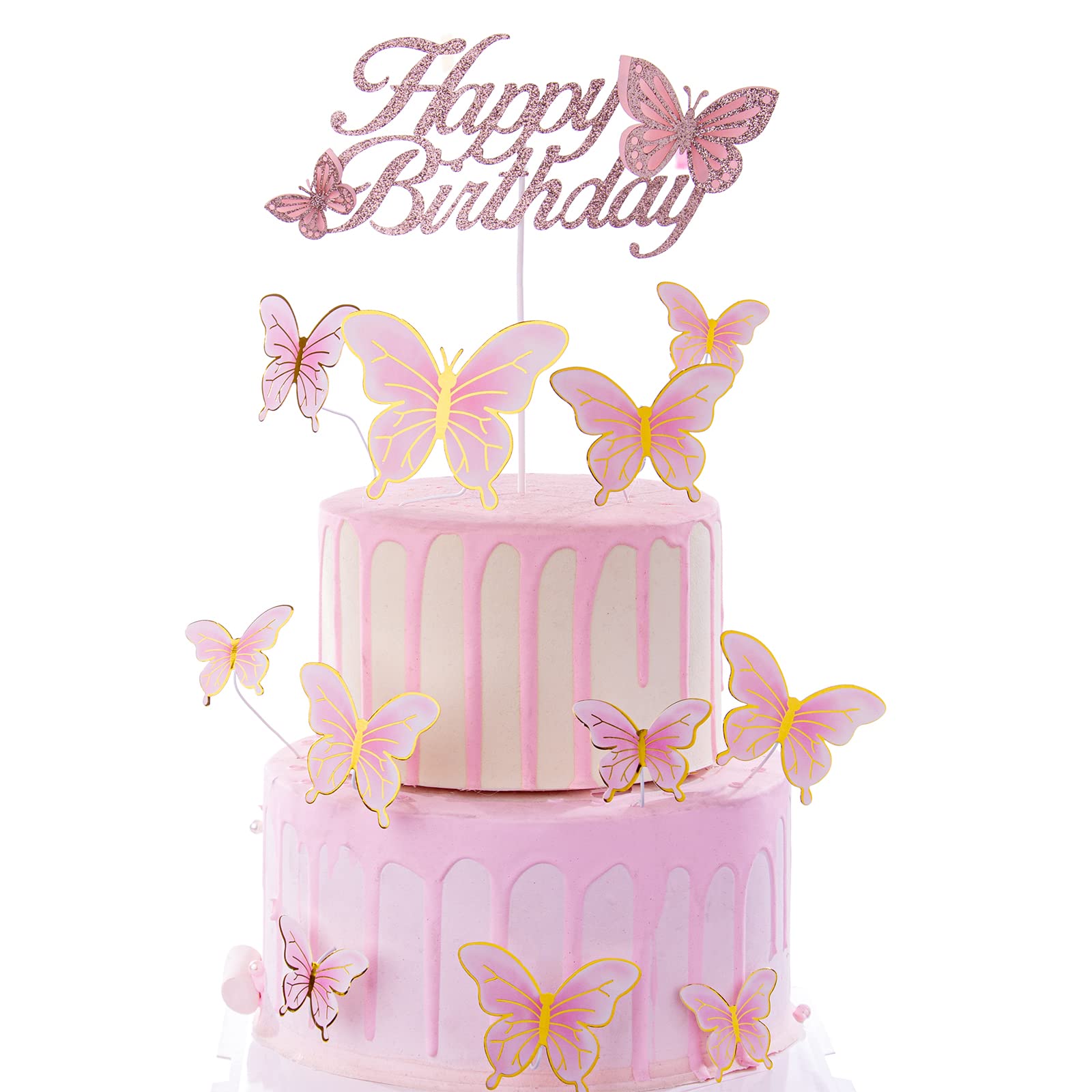 ALISSAR Rose Gold Happy Birthday Cake Topper Set, Butterfly Cake Topper and 16 Pieces Pink Butterfly Cupcake Toppers for Girls W