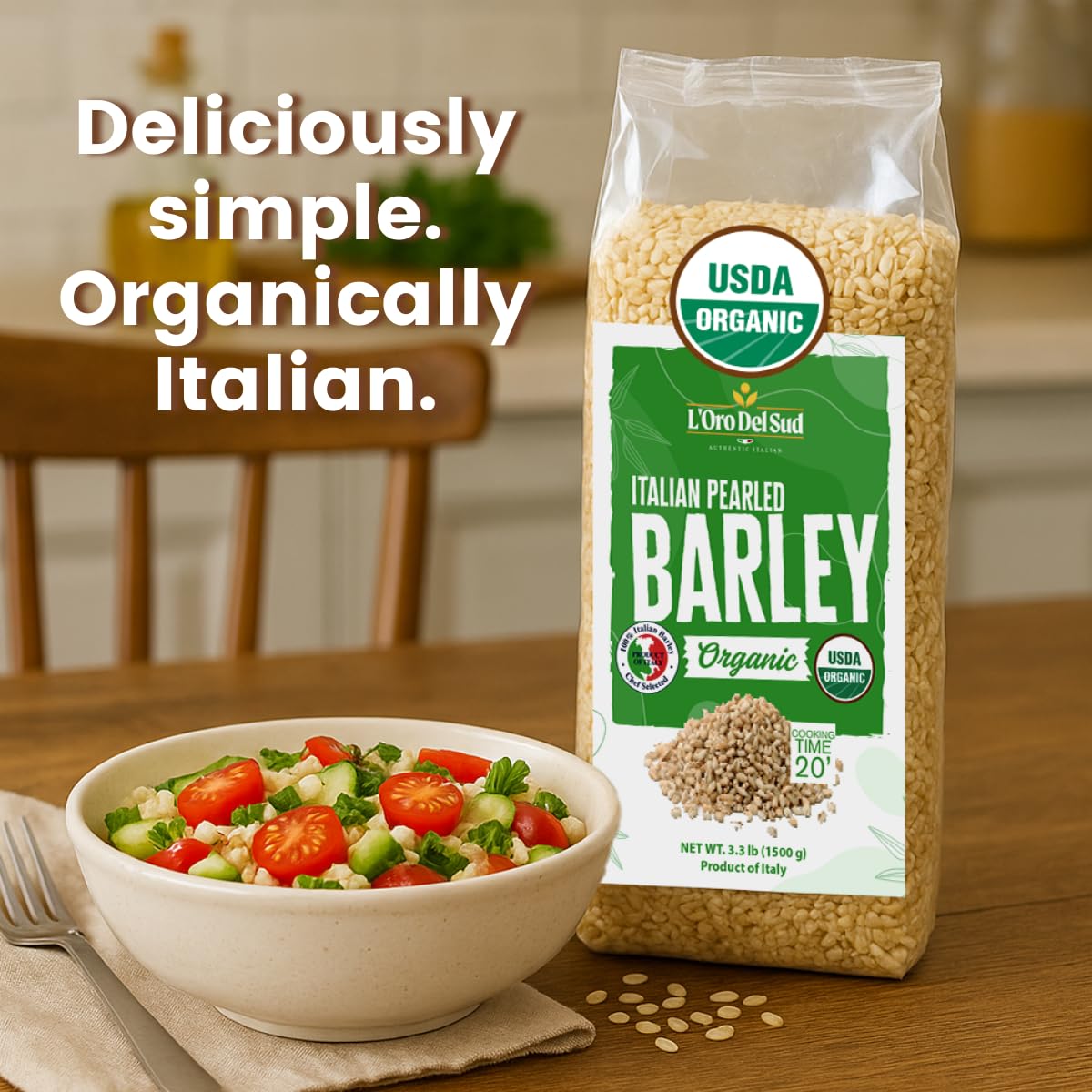 LOro Del Sud Organic Pearled Barley, Whole Grain, 3.3 lb (1.5 kg), USDA Certified, Mediterranean Diet Friendly, Product of Italy