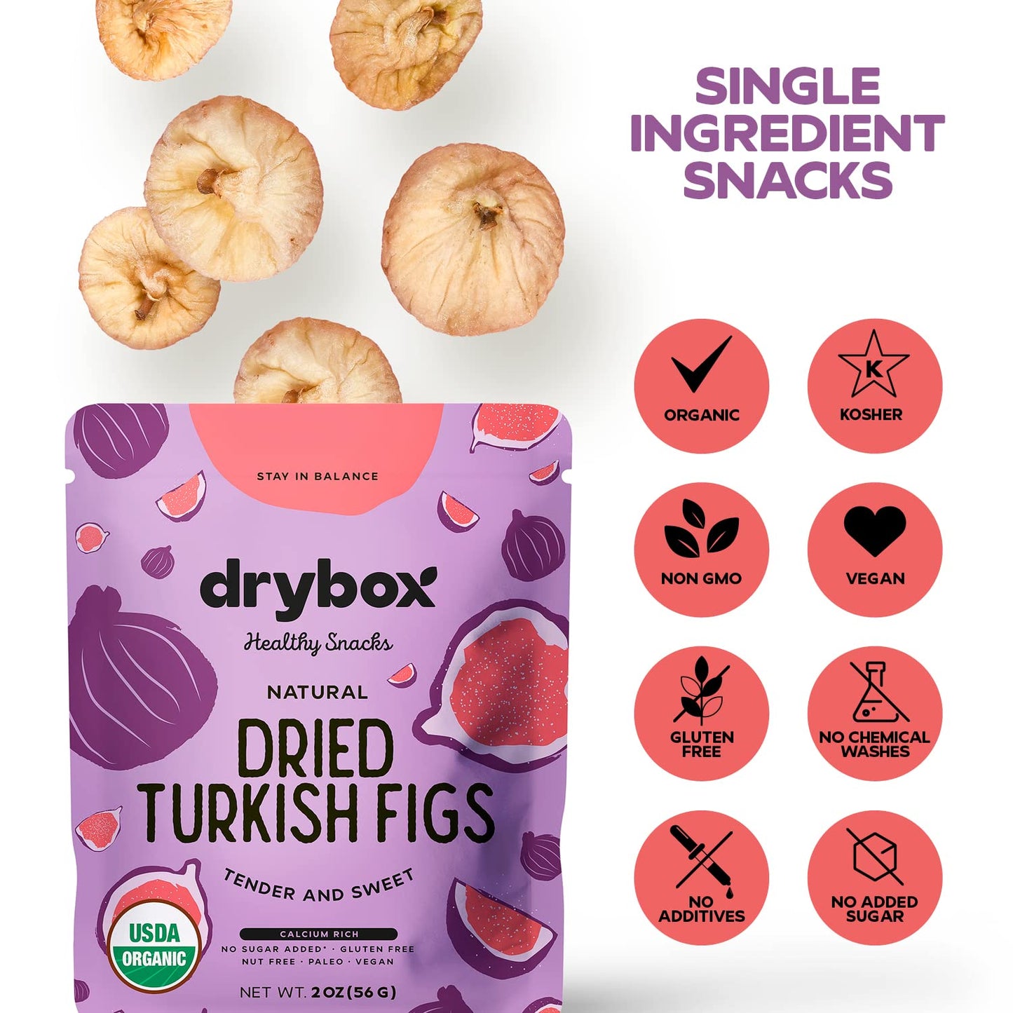 Drybox Dried Turkish Figs 36 Snack Packs Unsweetened Unsulfured Bulk Dry Figs | 2 oz per portion pack, Travel packs for school,