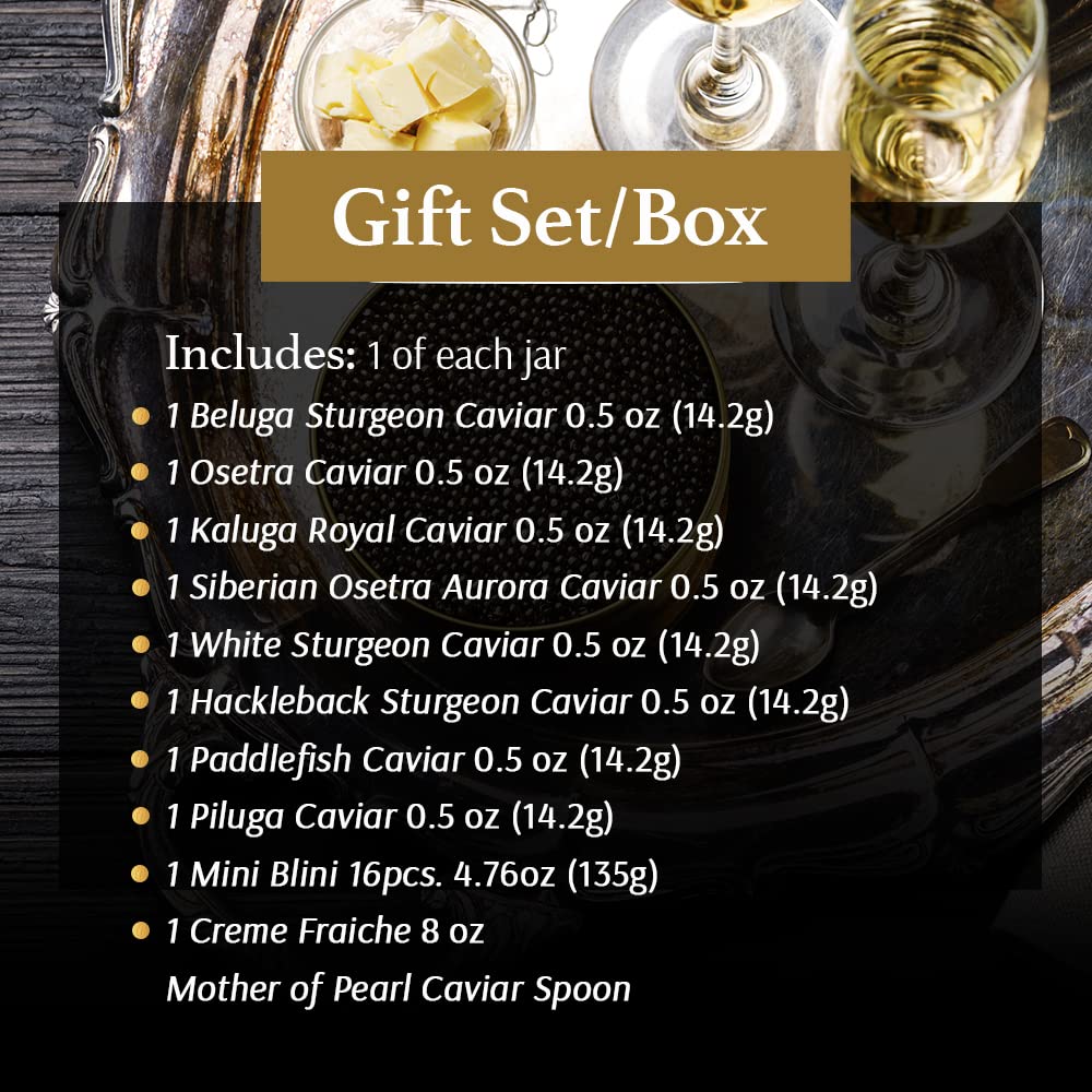 OLMA Caviar Taster Gift Set - 4 oz (112g) of Caviar, Includes 8 Varieties of Caviar Fish Roe (Beluga Hybrid, Osetra, Kaluga Roya