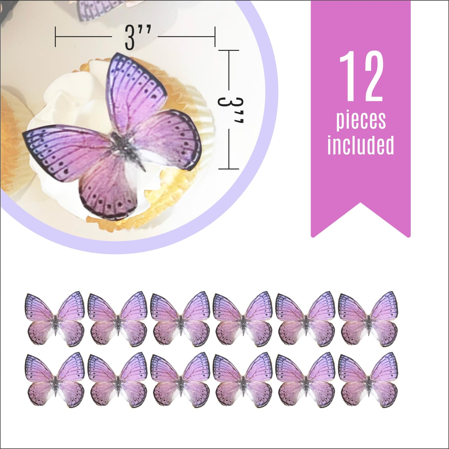 Sugar Robot Edible Butterflies - Large Cake Toppers - 3 inches - Light Purple - Premium Crafted - Made in the USA