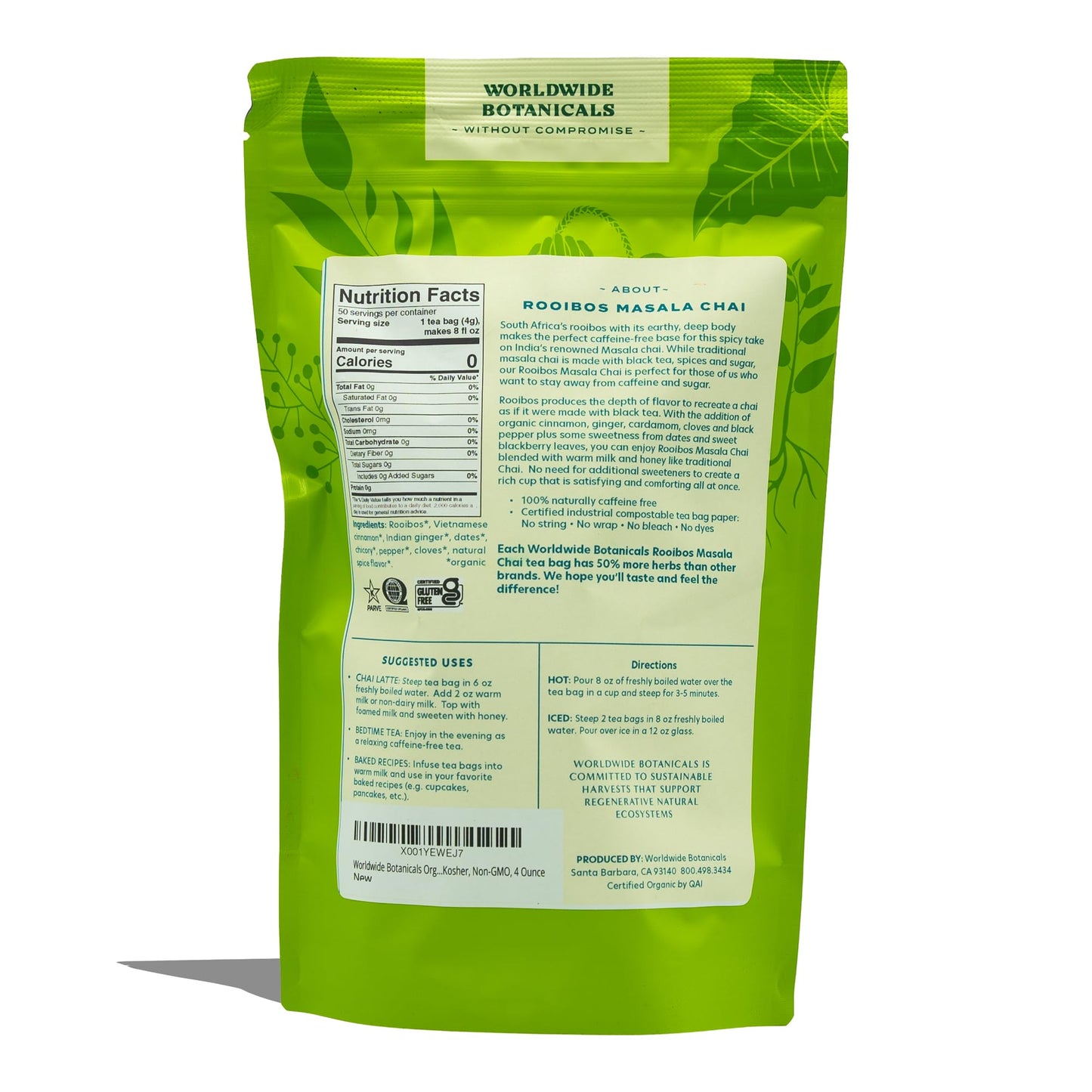 Worldwide Botanicals Rooibos Masala Chai Herbal Tea - Organic, Caffeine Free, 50 Tagless Bags