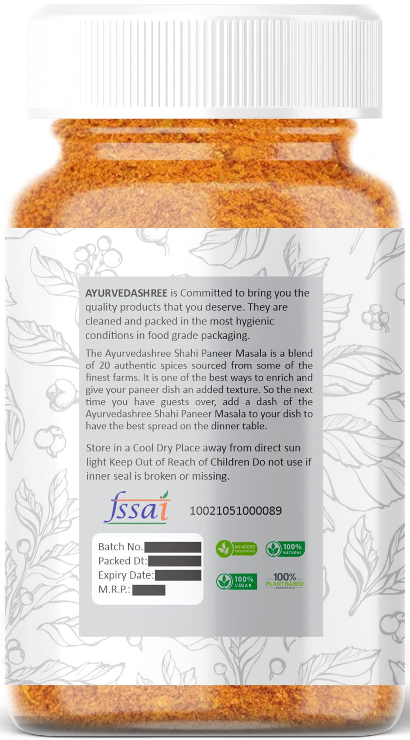 AYURVEDASHREE Shahi Paneer Masala, All Natural Vegetarian Indian Spices, 100gm PET Jar, No Artificial Flavour Added