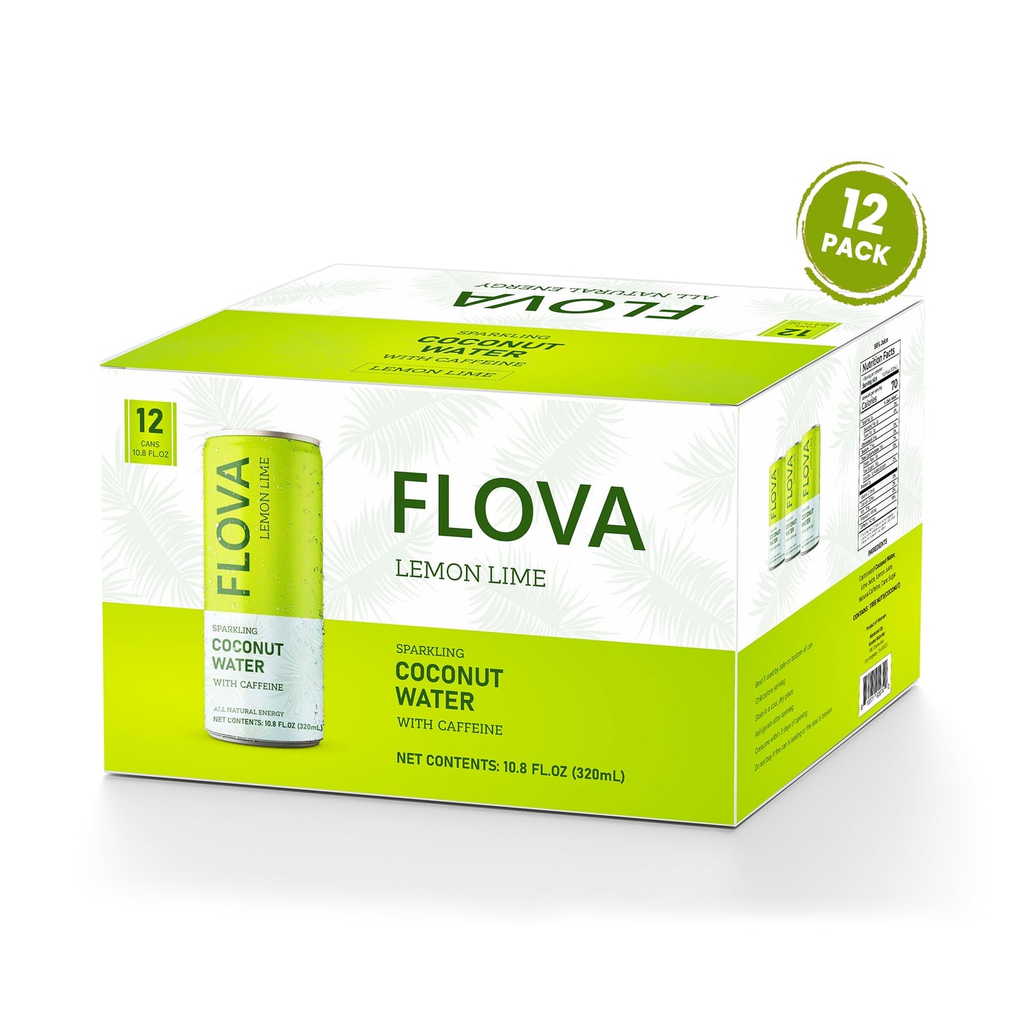 Flova Lemon Lime Energy Drink, All Natural, Coconut Water Electrolytes, 99% Juice, Pack of 12 Cans