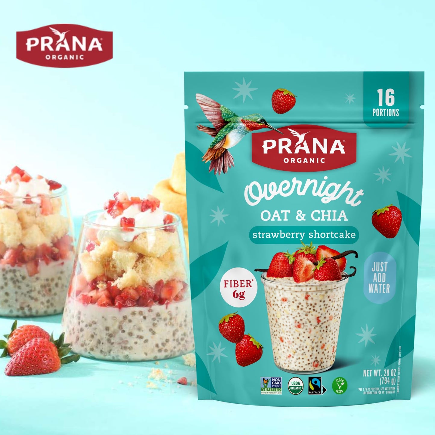 Prana Organic Overnight Chia with Oats Strawberry Shortcake | 28 oz Bags - 2 Pack | Rich in Fiber & Protein, Vegan, Non-GMO | Re