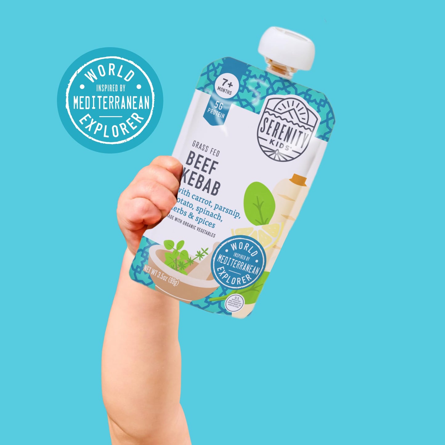 Serenity Kids 7+ Months World Explorers Baby Food Pouches - Puree w/Ethically Sourced Meats & Organic Veggies - 3.5 Oz BPA-Free