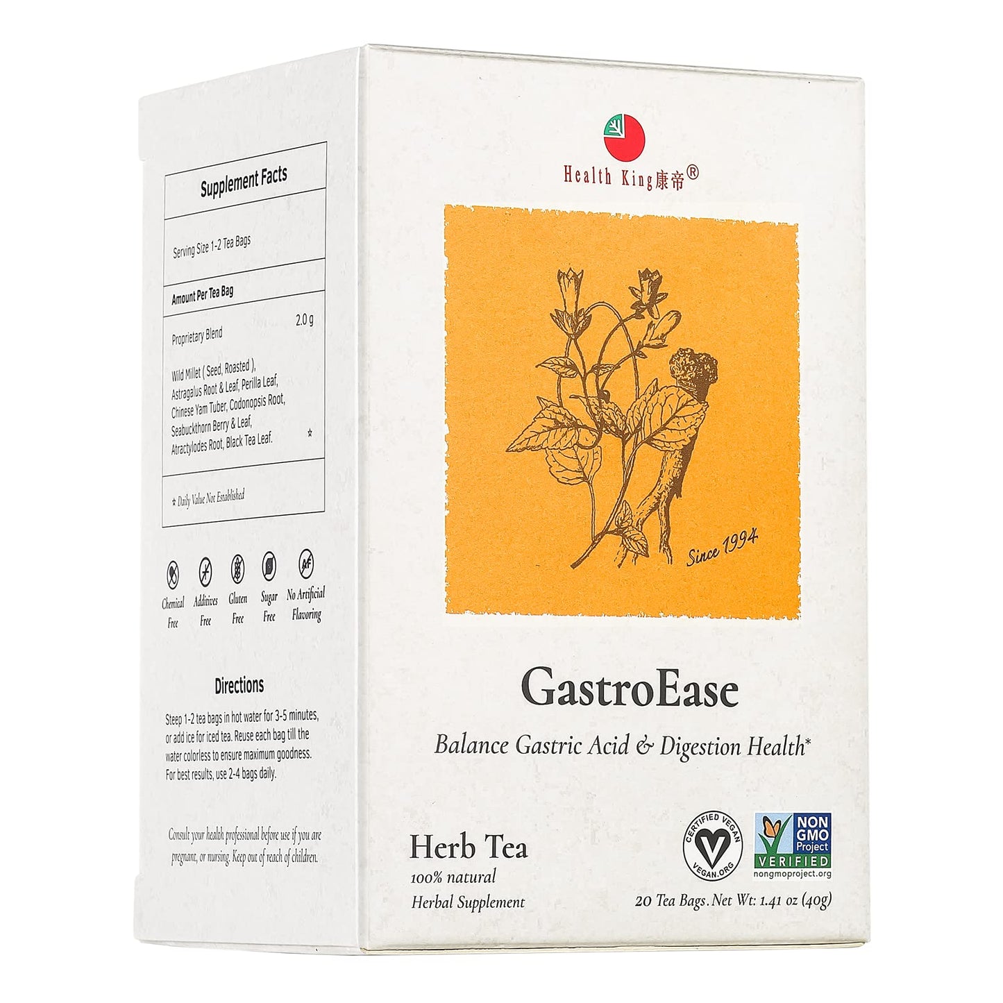 Health King Gastroease Herb Tea, Teabags, 20 Count Box