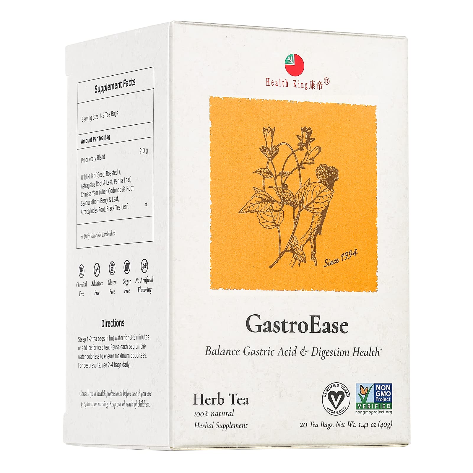 Health King Gastroease Herb Tea, Teabags, 20 Count Box