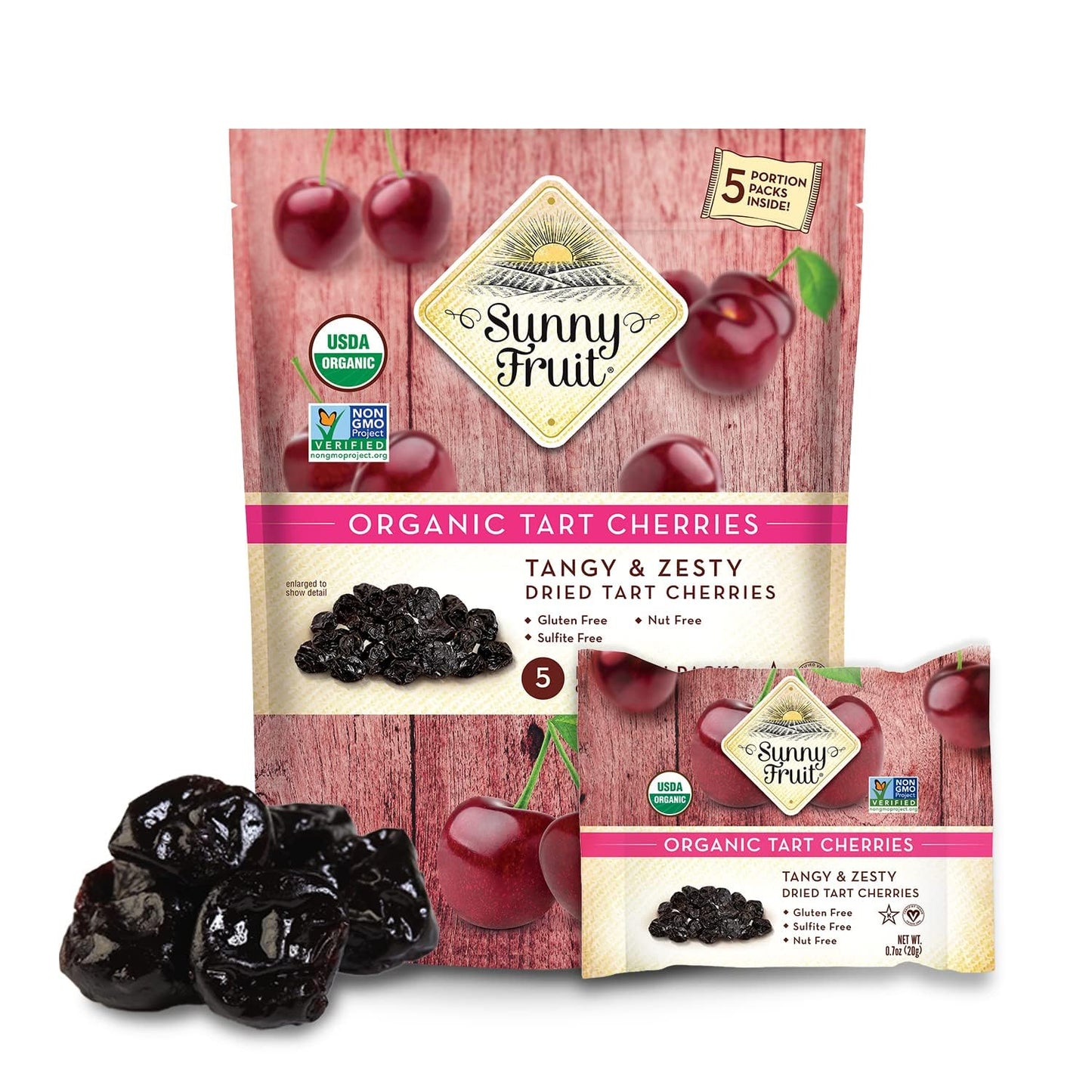 SUNNY FRUIT Organic Dried Tart Cherries - 6 Bags, 0.7oz Packs, Non-GMO, Vegan, Halal, Kosher