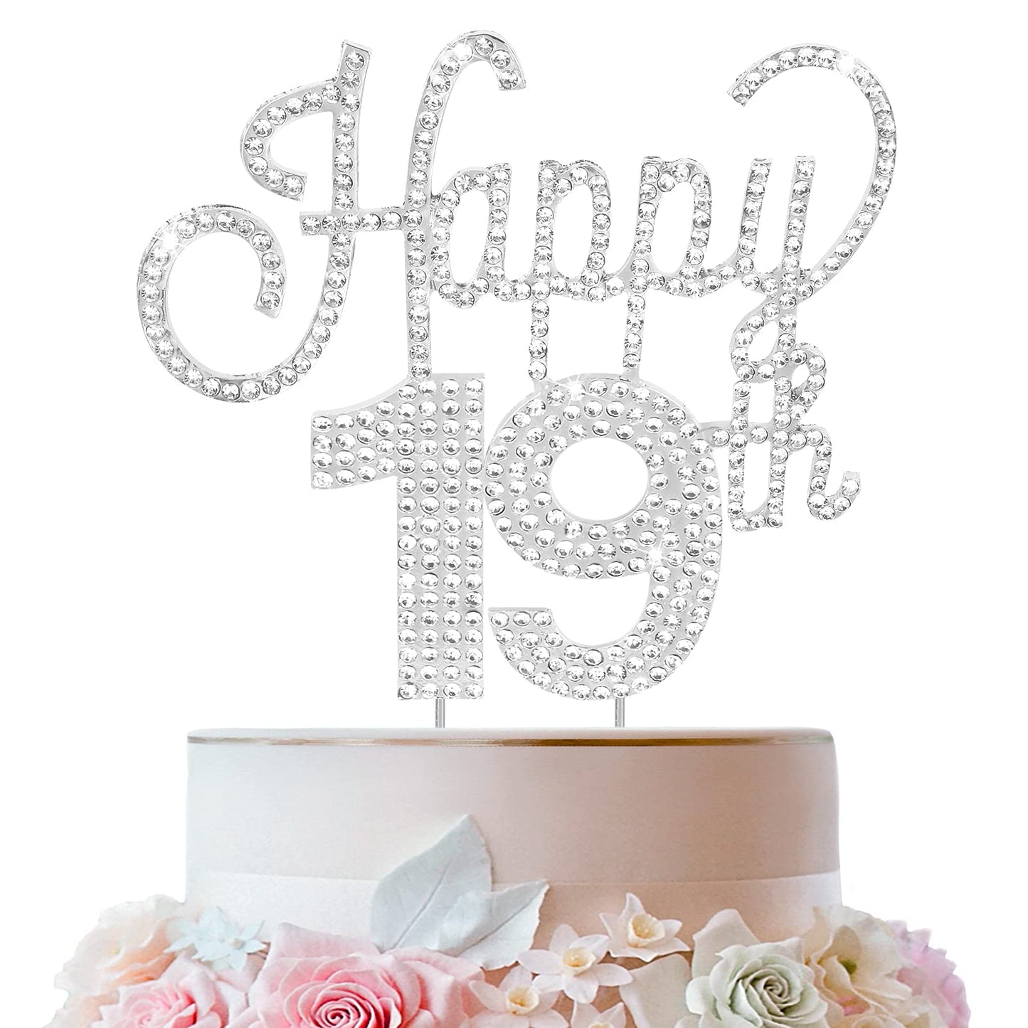 Lingteer Happy 19Th Birthday Silver Rhinestone Cake Topper - Cheers To 19Th Birthday Nineteen Years Old Party Cake Centerpieces