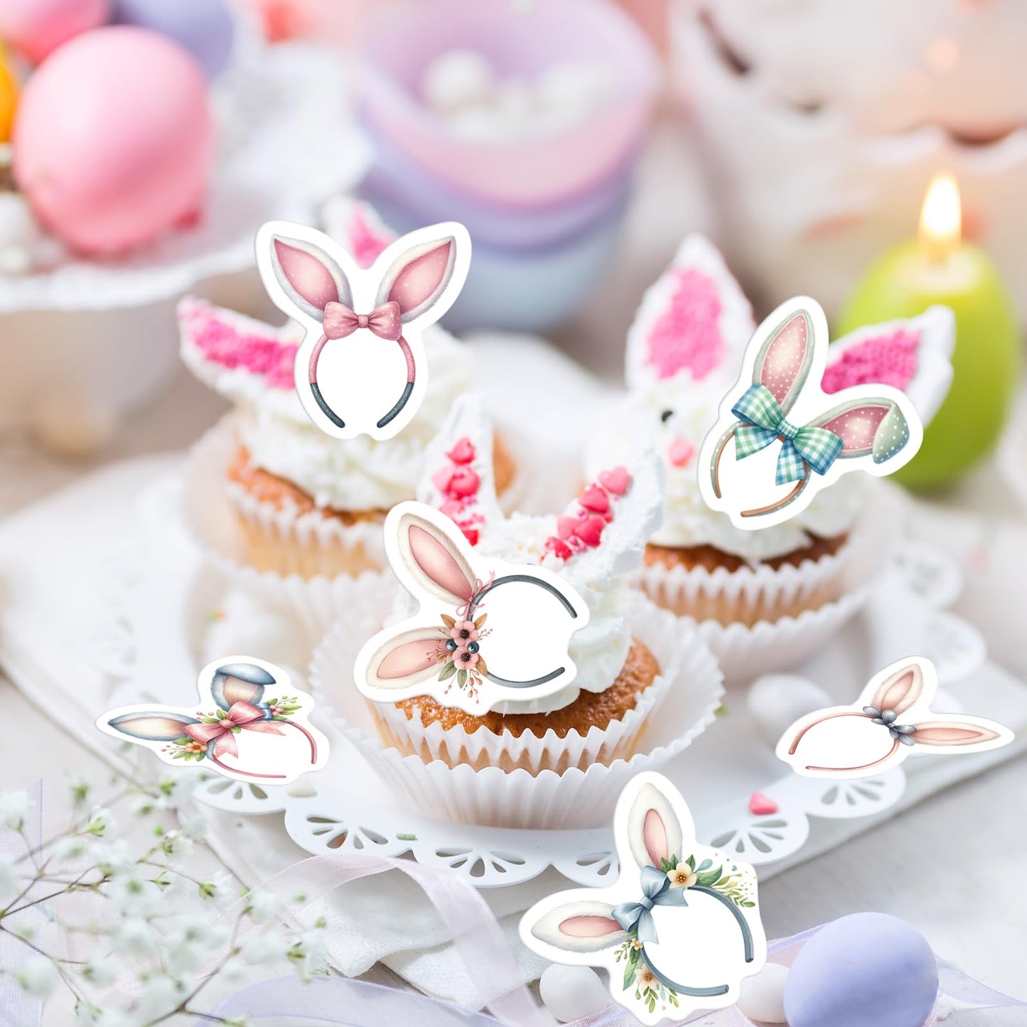 30Pcs Edible Easter Bunny Ear Cupcake Toppers Edible Rabbit Ears Bowknot Cupcake Picks Wafer Paper Bunny Ear Cake Toppers For Ha