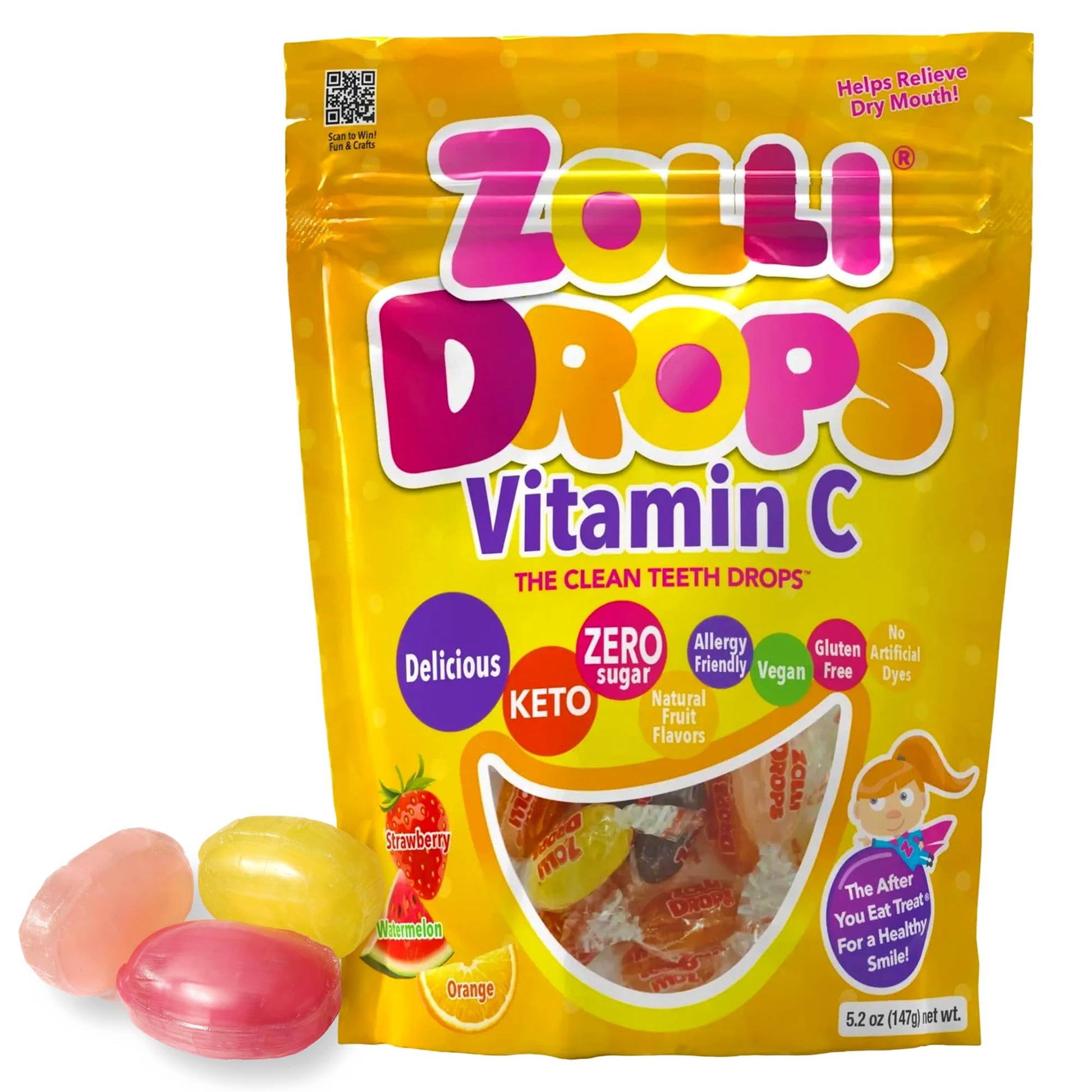 Zolli Drops Vitamin C Clean Teeth Candy Sugar-Free with Xylitol, Dye-Free, Keto & Diabetic-Friendly, Dentist-Approved Treats for