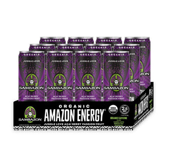 Sambazon Organic Sparkling Amazon Energy Drink, Acai Berry Passion Fruit, 12 Fl Oz (Pack of 12), Vegan, Non-GMO, Kosher