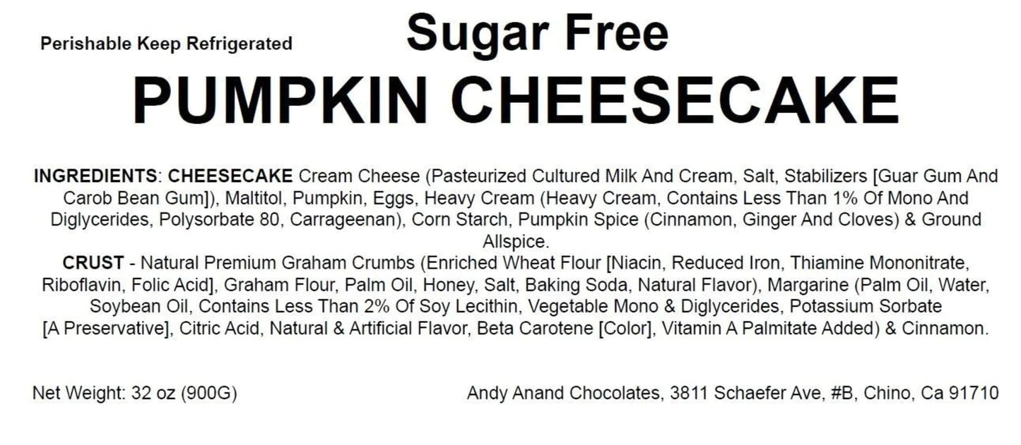Andy Anand Sugar-Free Pumpkin Spiced Cheesecake 9'' | Diabetic-Friendly, Fresh California Cream Cheese, Natural Ingredients | Lu