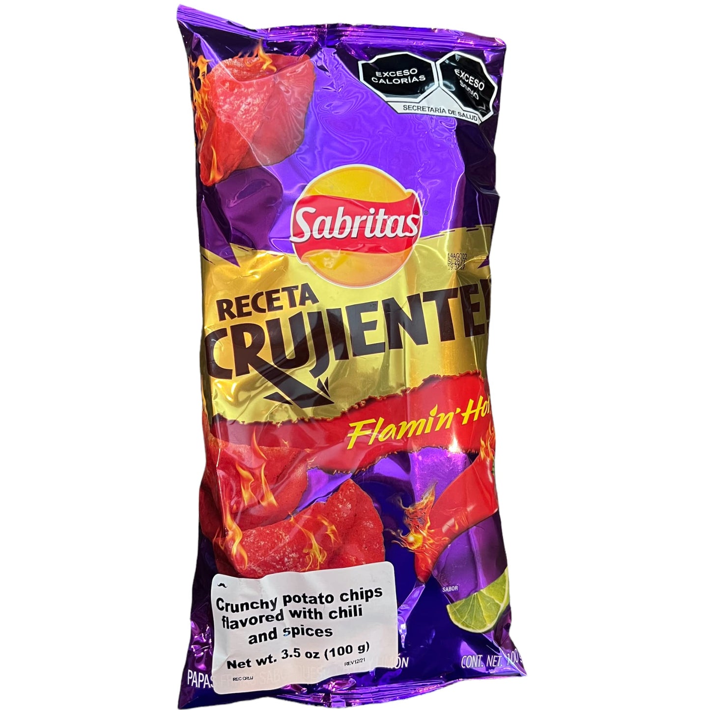 Sabritas Receta Crujiente Flamin' Hot (3 Pack) 3.5 Oz - Mexican Large Chips - Botanas Mexicanas Bolsa Grande
