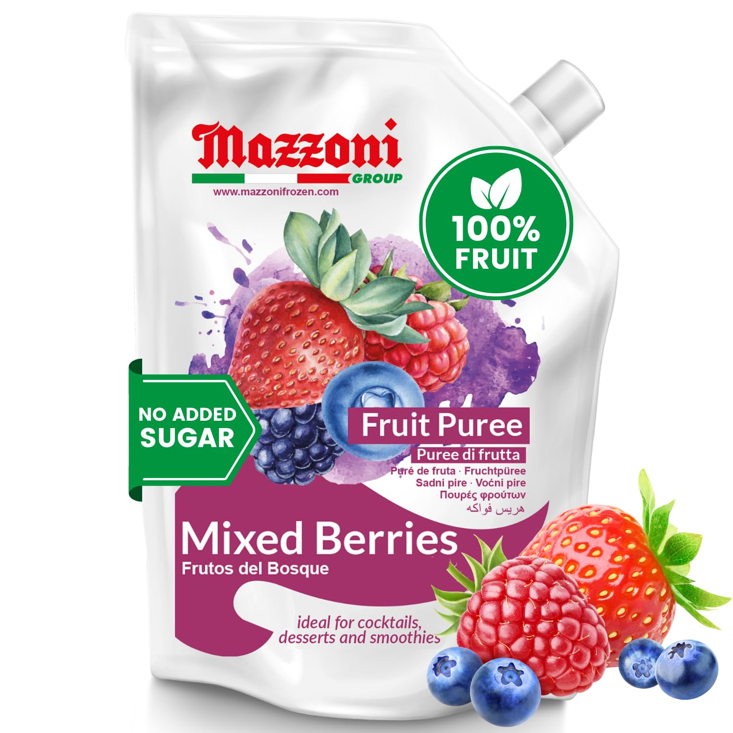 Mazzoni Mixed Berry Juice Puree  100% Pure Forest Berries  Strawberry  Blueberry  Raspberry  Just Fruit  No Sugar Added  2.2 Lbs (35.2 Oz) Real Fruit Mixer For Mixed Flavors  Drinks  Smoothies  Convenient Pouch  Made In Italy