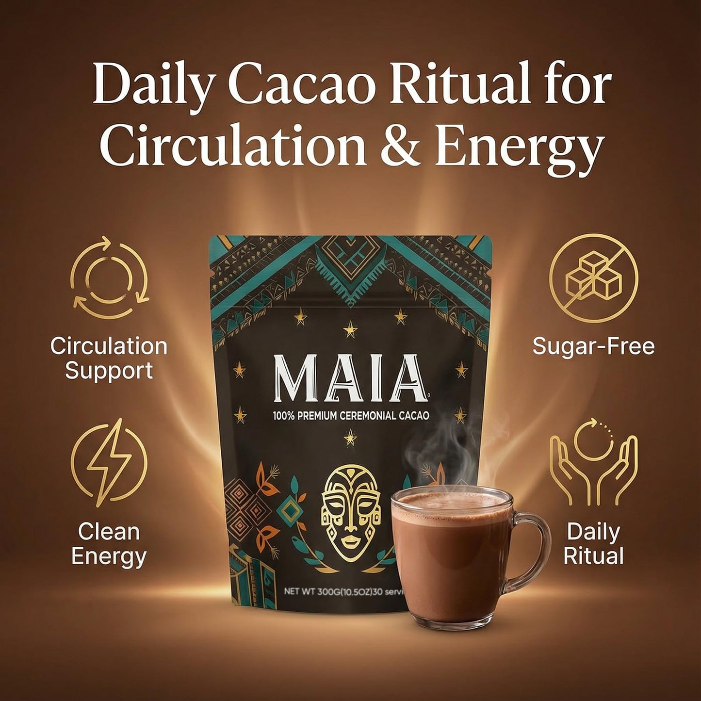 Maia Ceremonial Cacao - 100% Pure Natural  Enhanced with Flavanol  Theobromine  Magnesium & Natural Flavonoids Blend  For Mental Clarity  Focus  Energy Boost & Mood Elevation  Zero Sugar  Non-GMO  Vegan