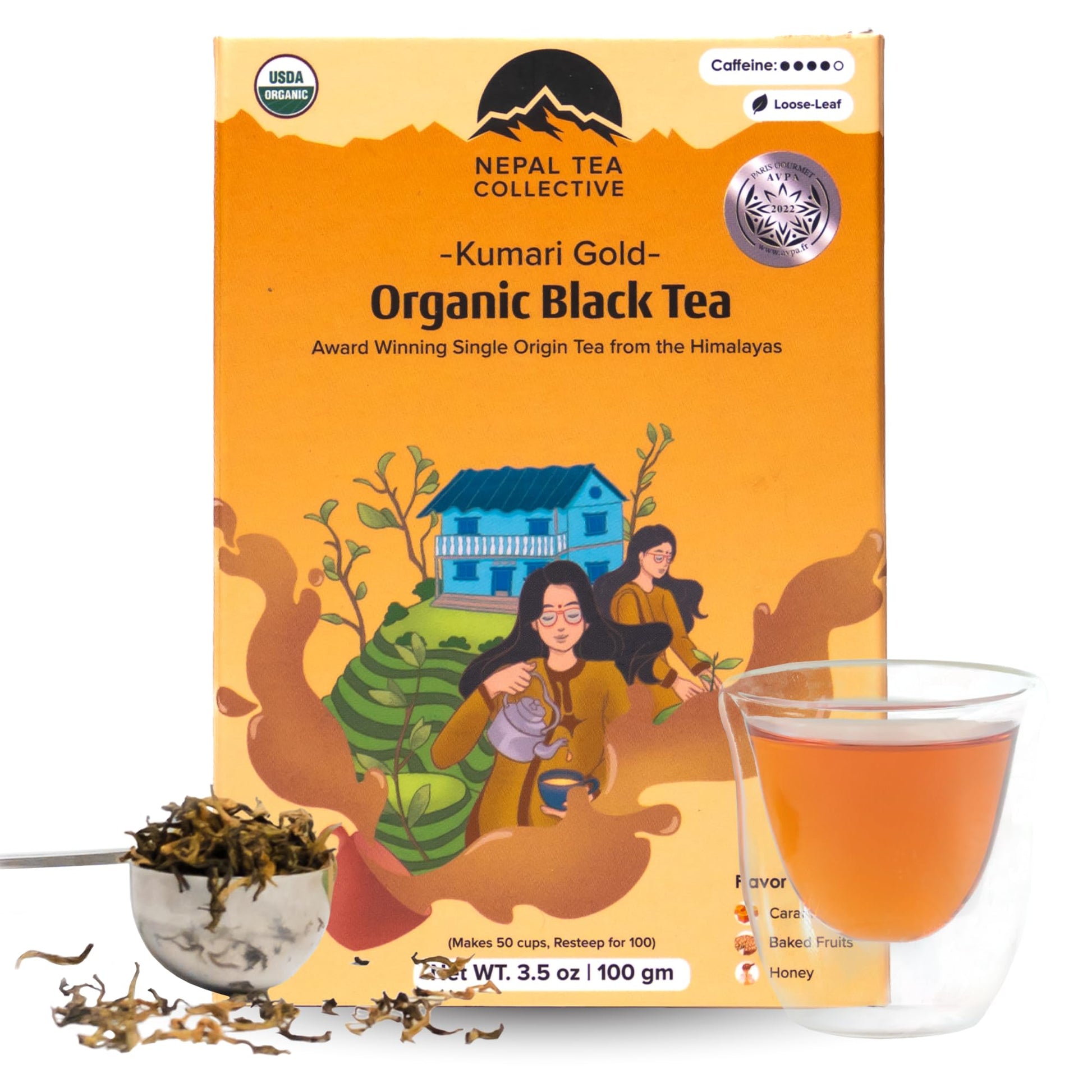 Nepal Tea Organic Black Loose Leaf Tea - Usda Certified Organic With Gold Tips - Single Oriflavor Blend From A Family Farm In The Himalayas - 3.5 Oz / 100G Award-Winning (Kumari Gold)