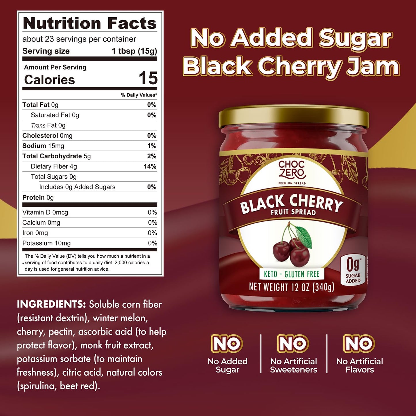 Choczero Keto Black Cherry Jam - No Sugar Added, Low Carb, Keto Friendly, High In Fiber, Gluten Free, Naturally Sweetened With M