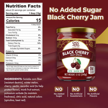 Choczero Keto Black Cherry Jam - No Sugar Added, Low Carb, Keto Friendly, High In Fiber, Gluten Free, Naturally Sweetened With M