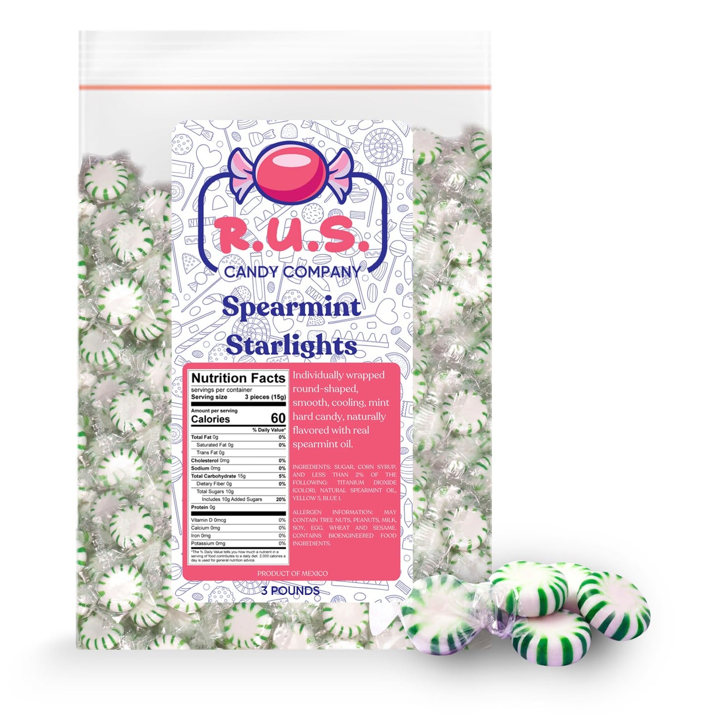 R.U.S. Candy Company Spearmint Starlite Candy - 3 Pound Bag - Refreshing Hard Mint Candy Perfect for Parties and Holiday Celebra