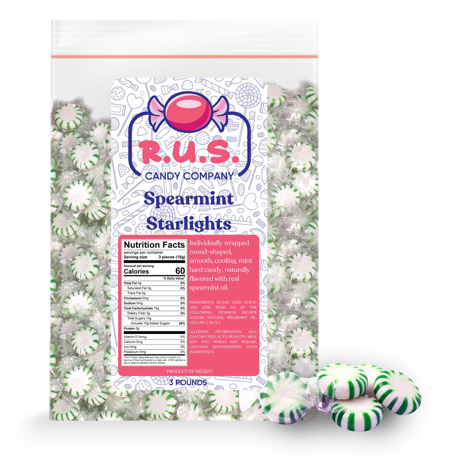 R.U.S. Candy Company Spearmint Starlite Candy - 3 Pound Bag - Refreshing Hard Mint Candy Perfect for Parties and Holiday Celebra