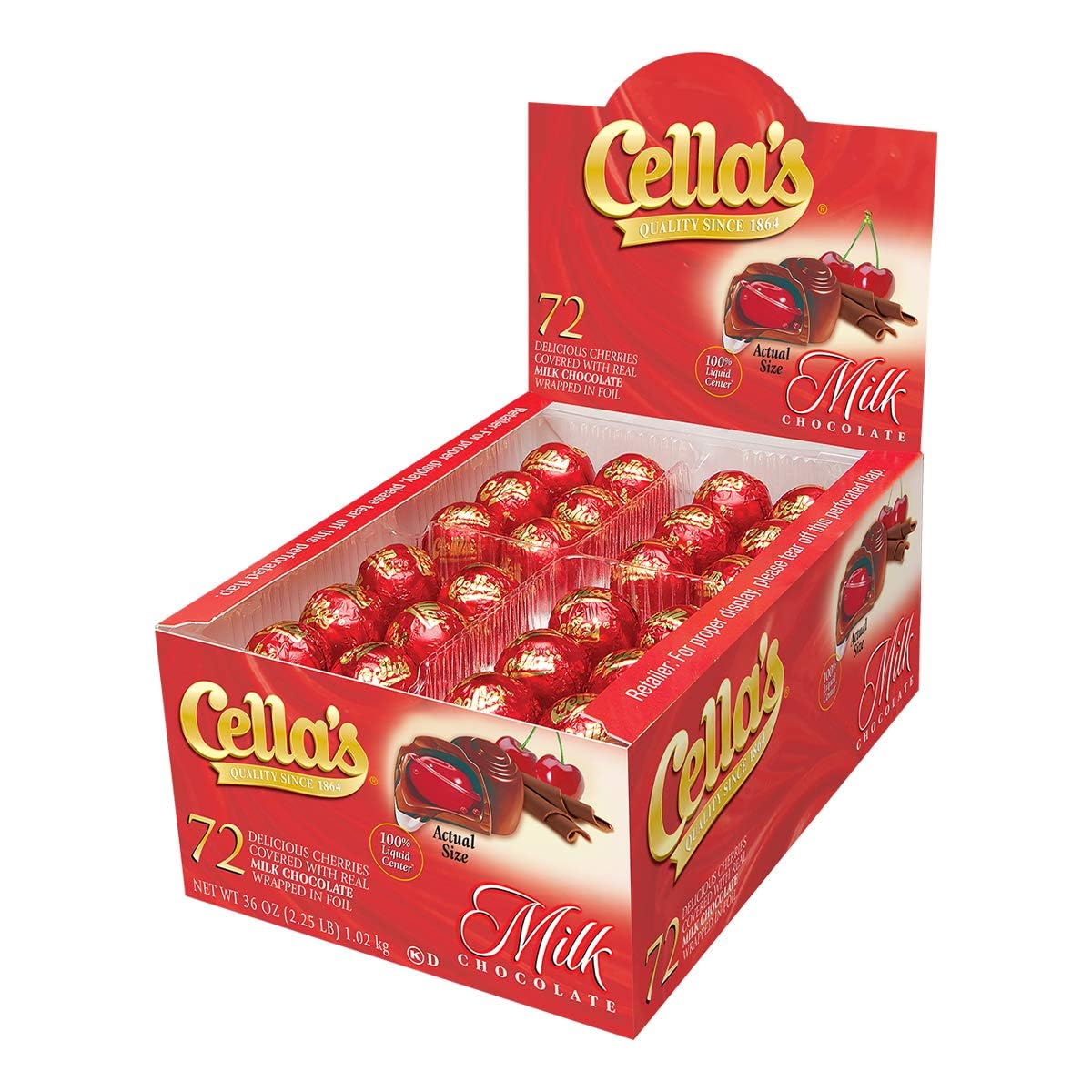 Milk Chocolate Covered Cherries - Top-Grade Individually Wrapped Cherry Cordial Candies In A 72-Count Display Box (Full Size  Milk Chocolate)