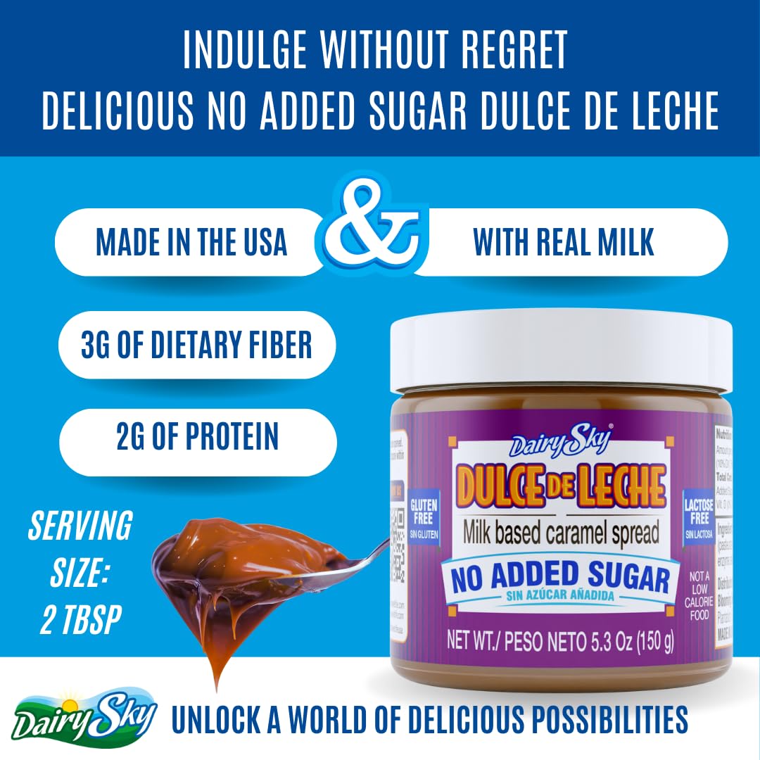 Dairysky Dulce De Leche No Added Sugar - 5.3 Oz Made With Real Milk,Erythritol & Stevia, Gluten-Free - Milk Based Caramel - Perf