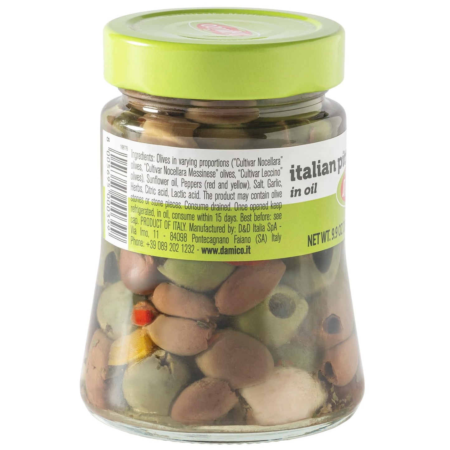 FRATELLI DAMICO Italian Olives Mix, Pitted with Garlic & Peppers, 9.9 oz, Gourmet Mediterranean Trio in Oil