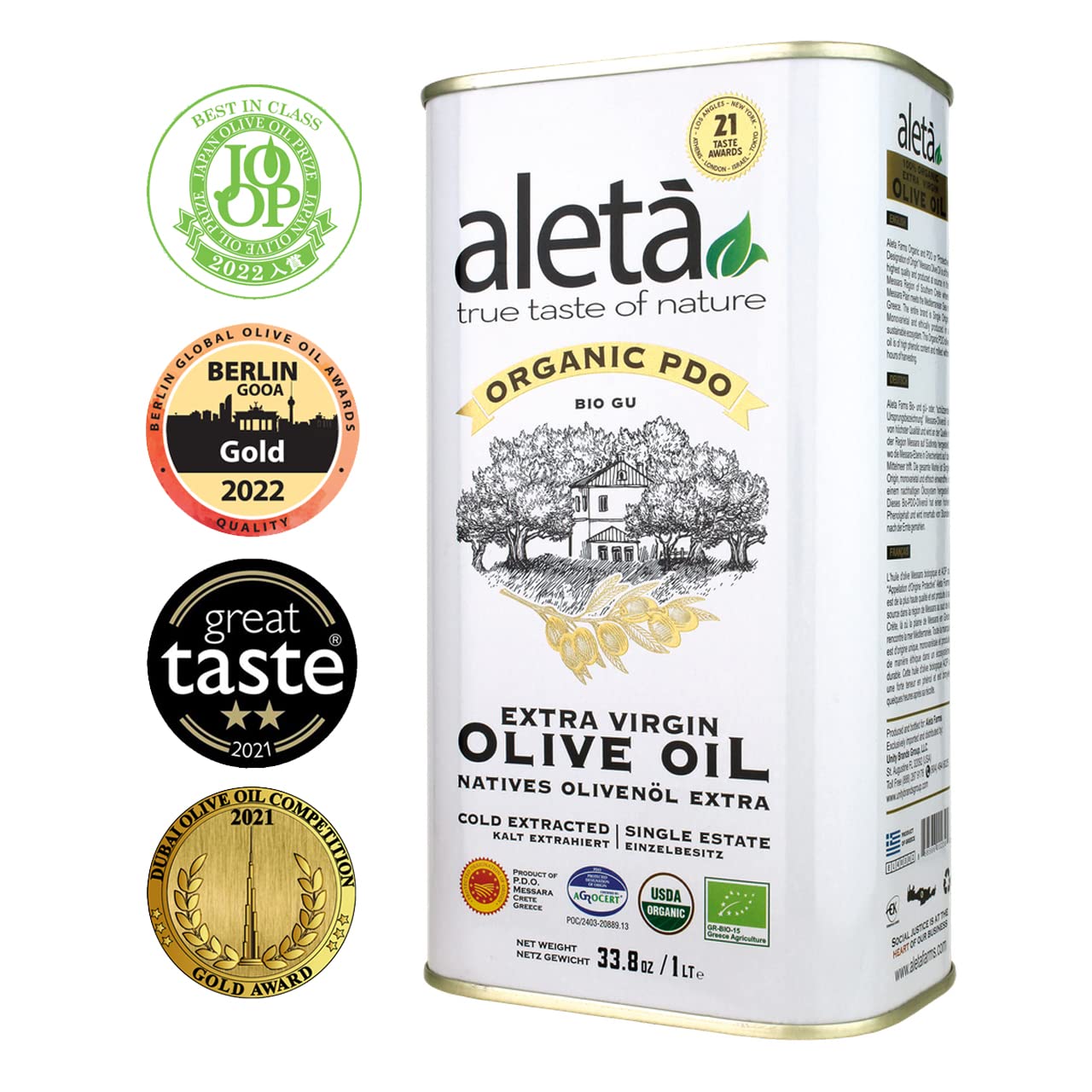 Aleta Farms Extra Virgin Olive Oil, USDA Organic, Cold Pressed, Polyphenol Rich, 33.8 Fl Oz, Pack of 3