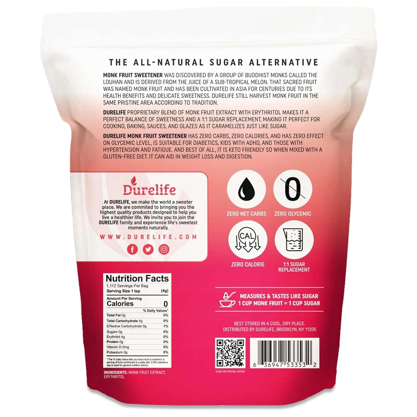 Durelife Monk Fruit Sweetener, Classic - Sugar Substitute, Keto Diet Friendly, 1:1 Zero Calorie, White Sugar Substitute, Classic