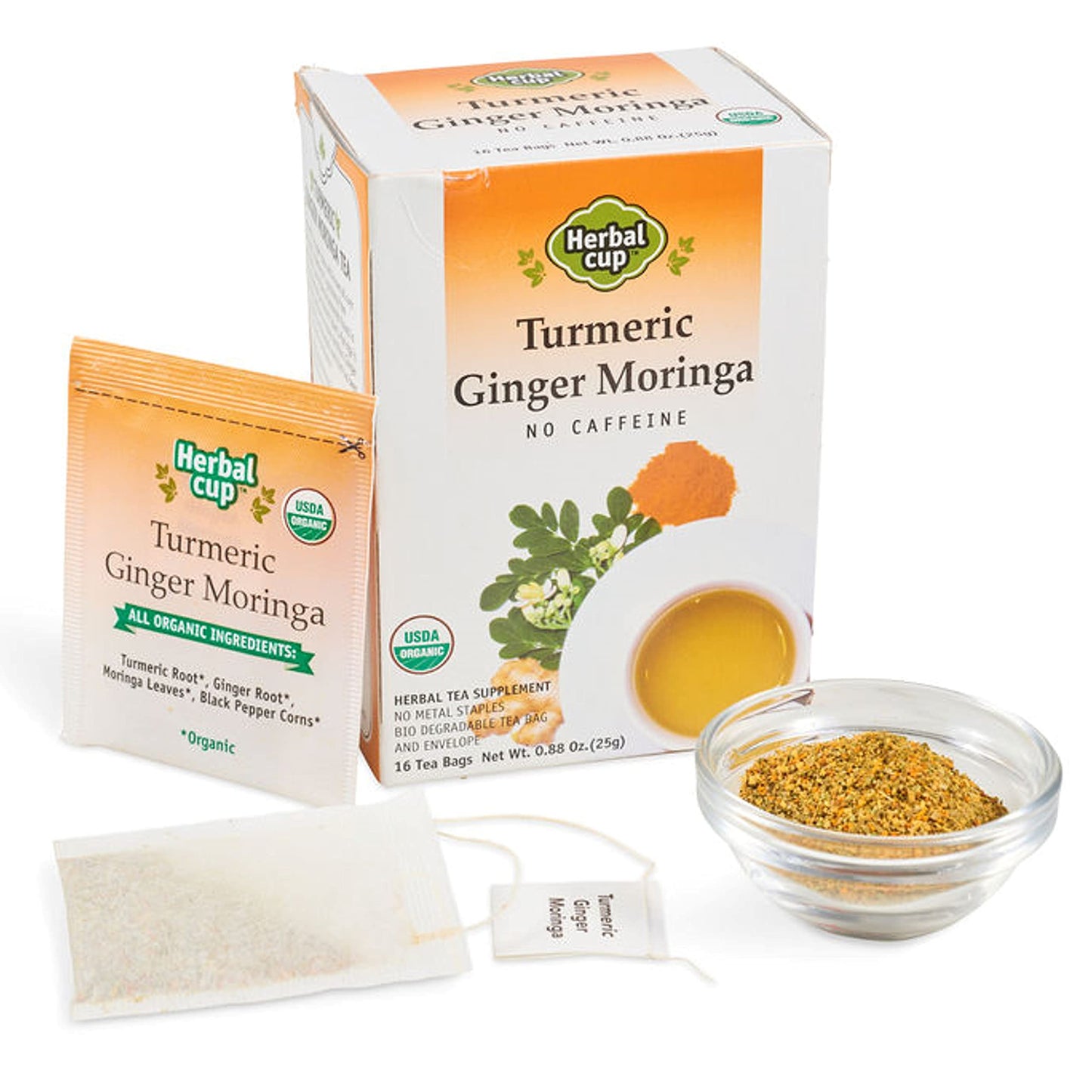 Herbal Cup Ayurveda Turmeric Tea, Organic Ginger Moringa, No Caffeine Herbal Teas (Turmeric Ginger Moringa, 16 Count (Pack Of 6))