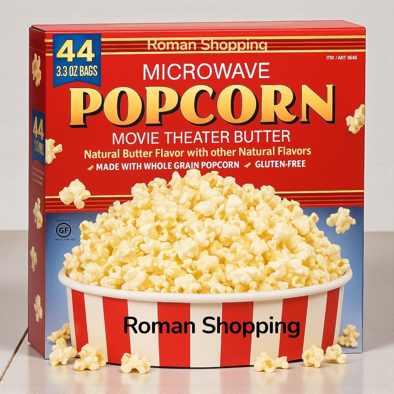 Butter Microwave Popcorn 44-Pack - Whole Grain, Gluten-Free, Natural Flavor - Distributed by Roman Shopping - kirkland