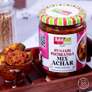 Add Me Punjabi Pachranga Mixed Pickle 500Gm Home Made Recipe Mango Chilli Lemon Carrot Ker Ginger Karonda Lasoda Fruit In Glass