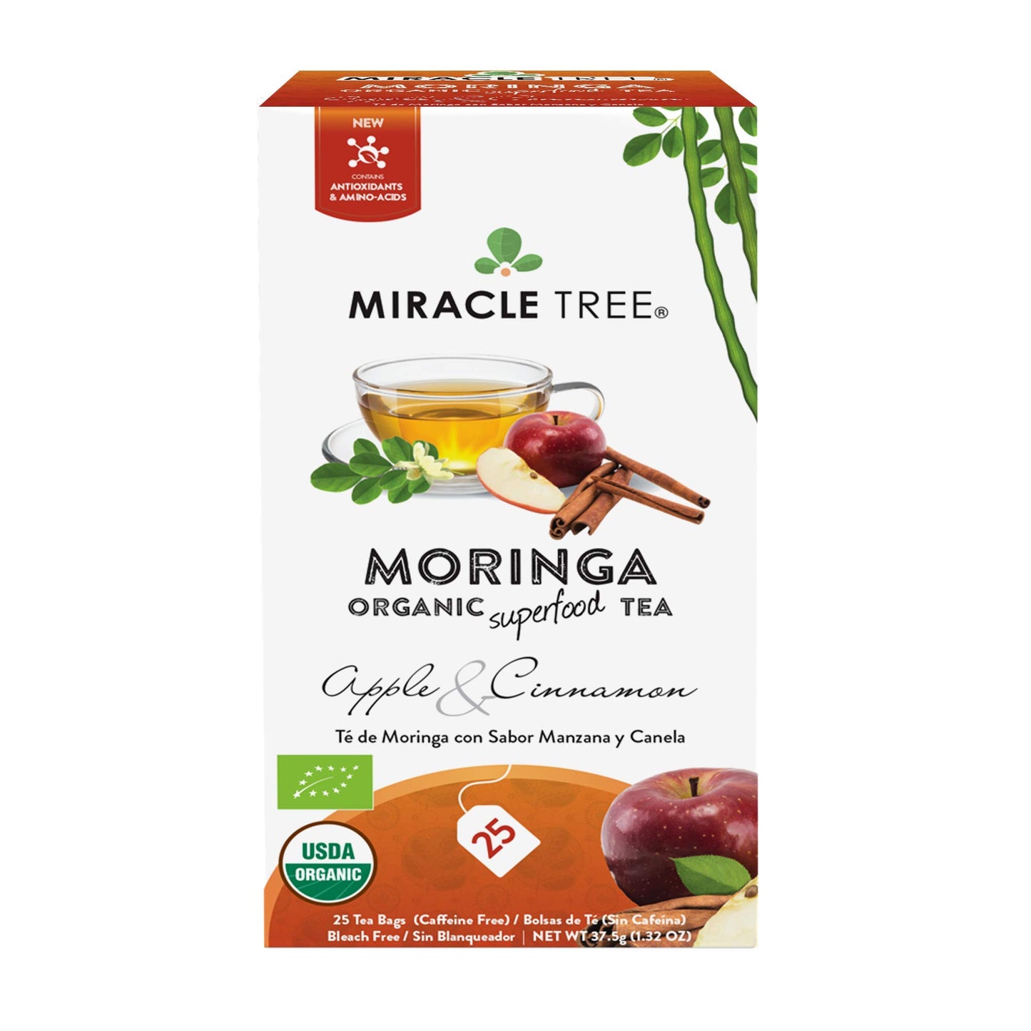 Tree Organic Moringa Superfood Tea, Apple & Cinnamon, 25 Bags, Vegan, Gluten-Free, Caffeine-Free, Non-GMO