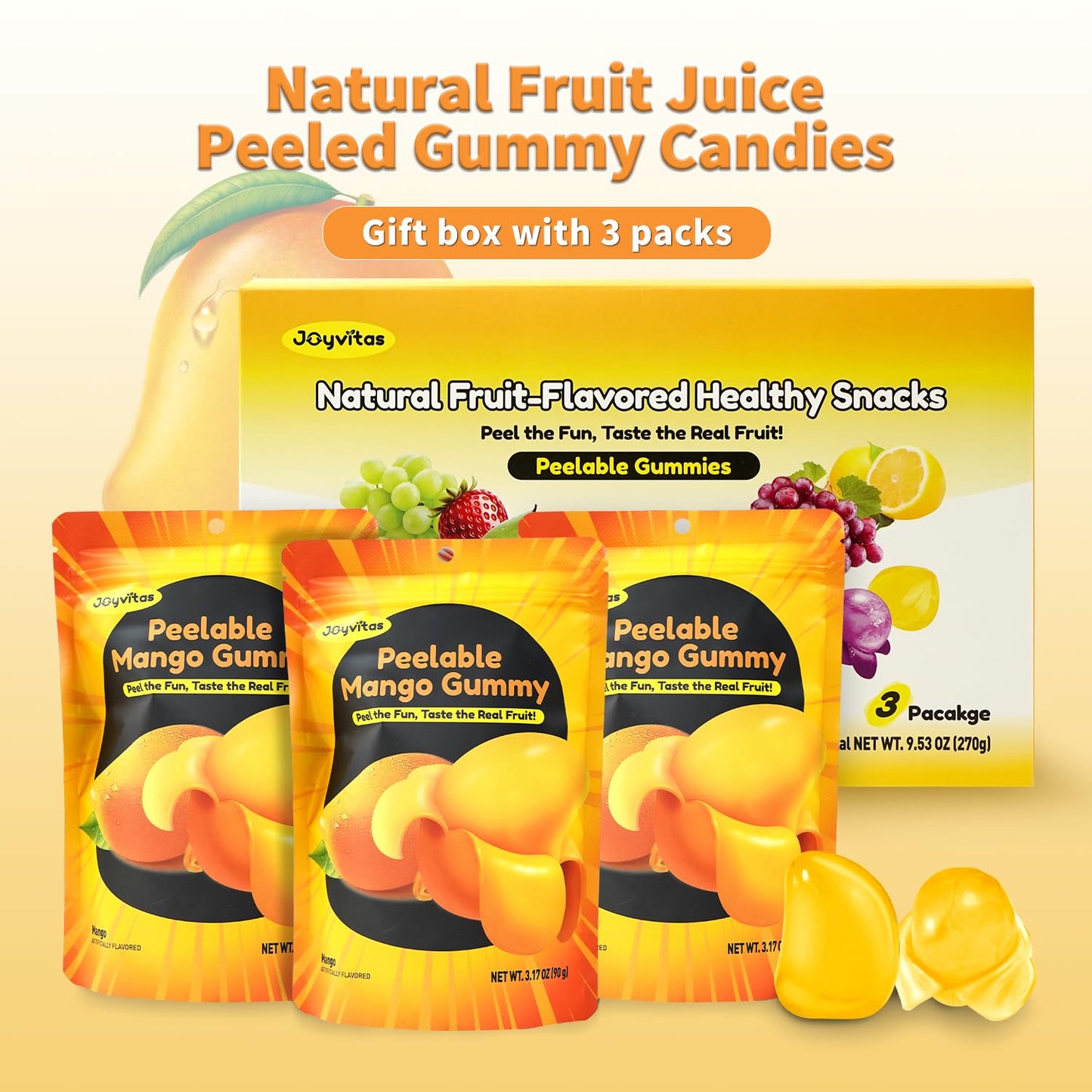 Joyvitas Peelable Gummy Mango Candy Variety Pack, Low Sugar, 3 Pack, 9.53oz