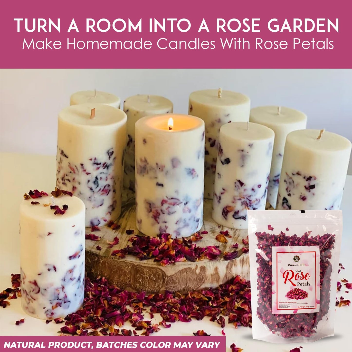 Cure Wid Pure Organic Dried Rose Petals, Food-Grade Edible, 4 oz, Non-GMO, Gluten-Free, Muted Red & Brown, Resealable Bag