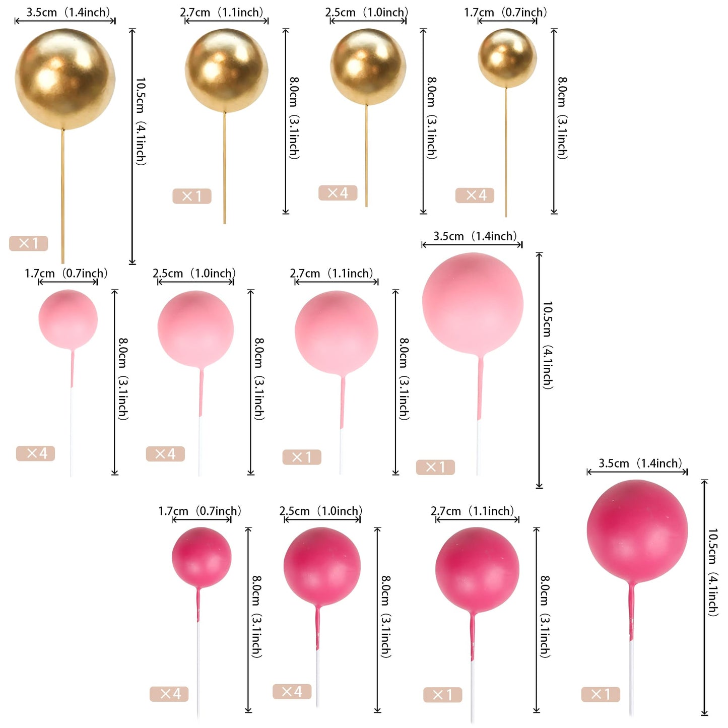 Rssta i Mini Balloons Cake Toppers, 30 PCS Foam Inserts for Baby Shower, Wedding, Kids Birthday Party, Red Gold Pink