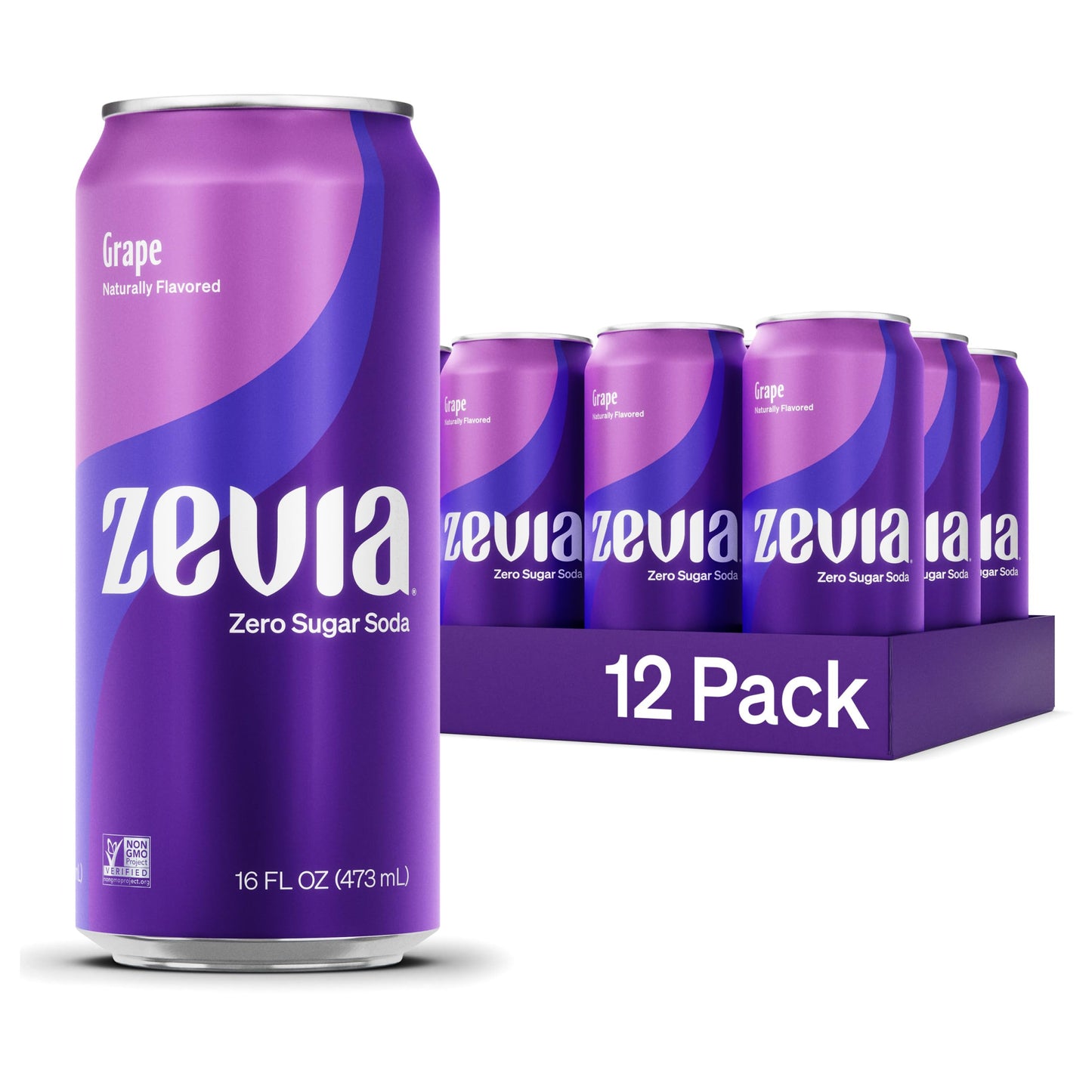 Zevia Zero Sugar Soda, Grape, 16 oz Cans (12-Pack) - Naturally Sweetened, Non-GMO Project Verified, Gluten-Free, Vegan